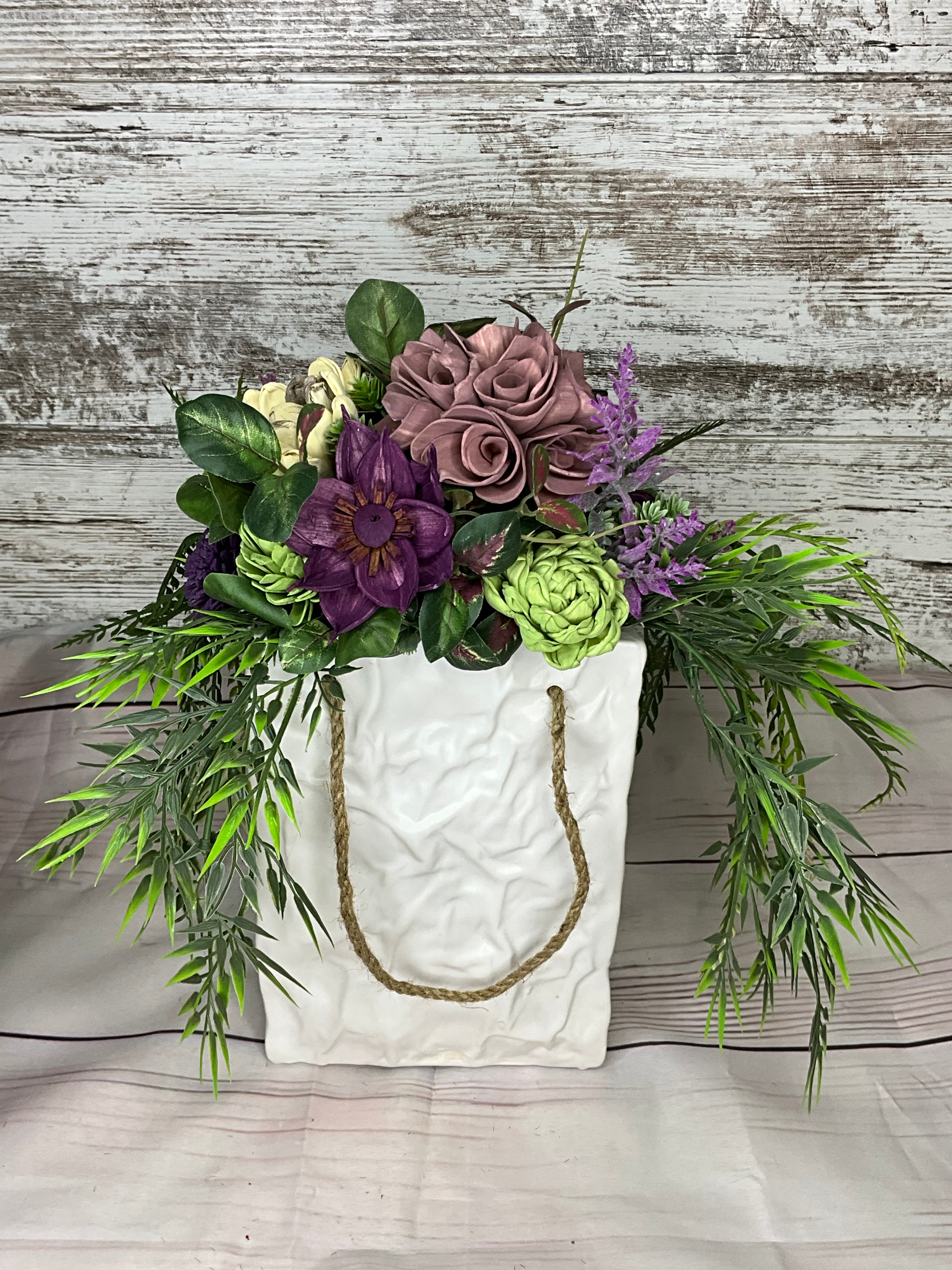 Succulent Garden Arrangement in White Textured Bag Vase