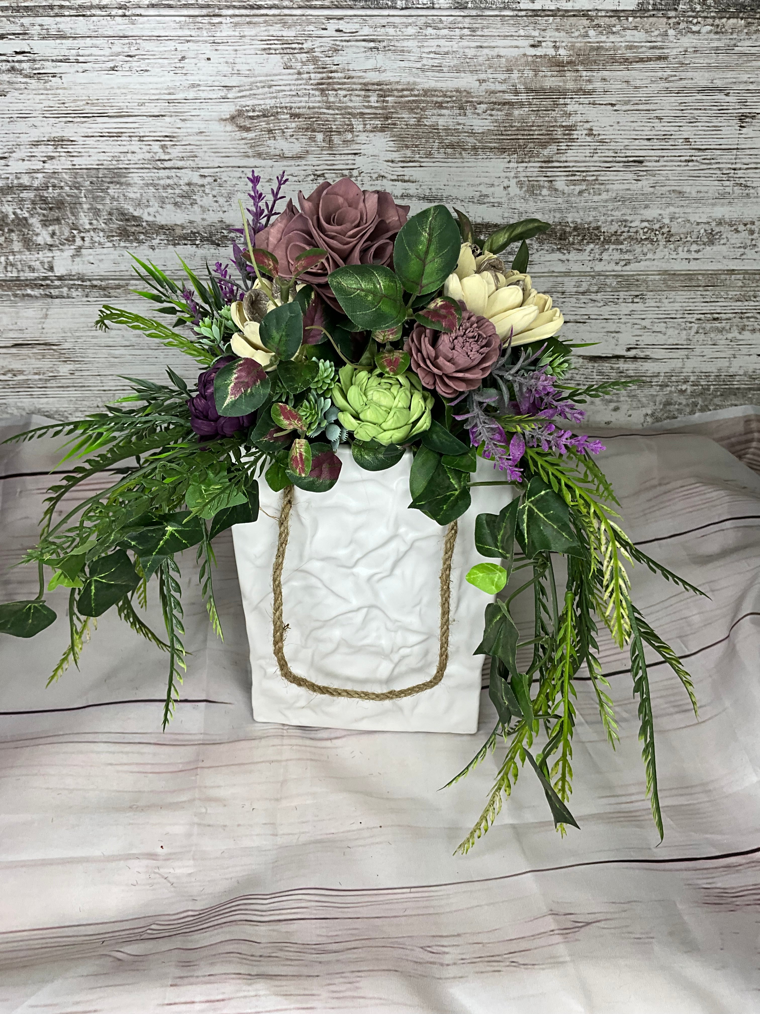 Succulent Garden Arrangement in White Textured Bag Vase