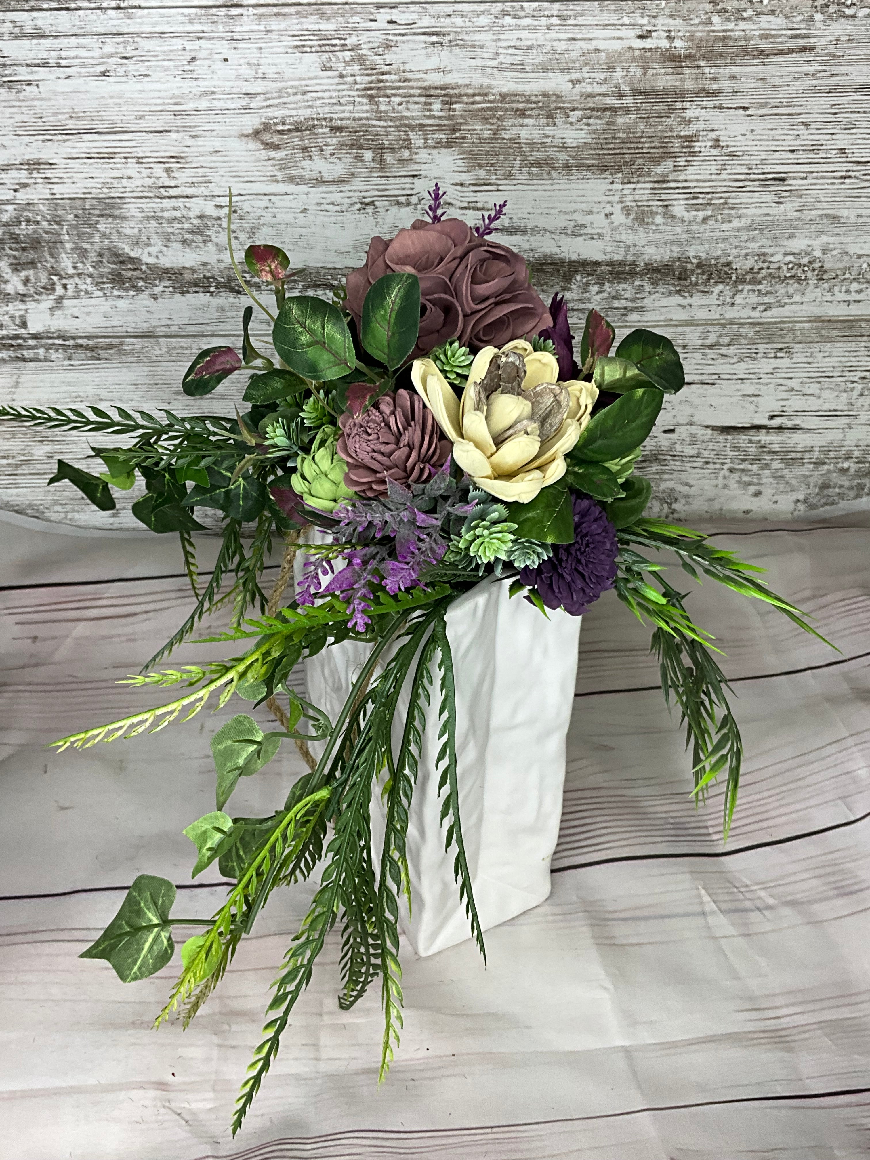 Succulent Garden Arrangement in White Textured Bag Vase