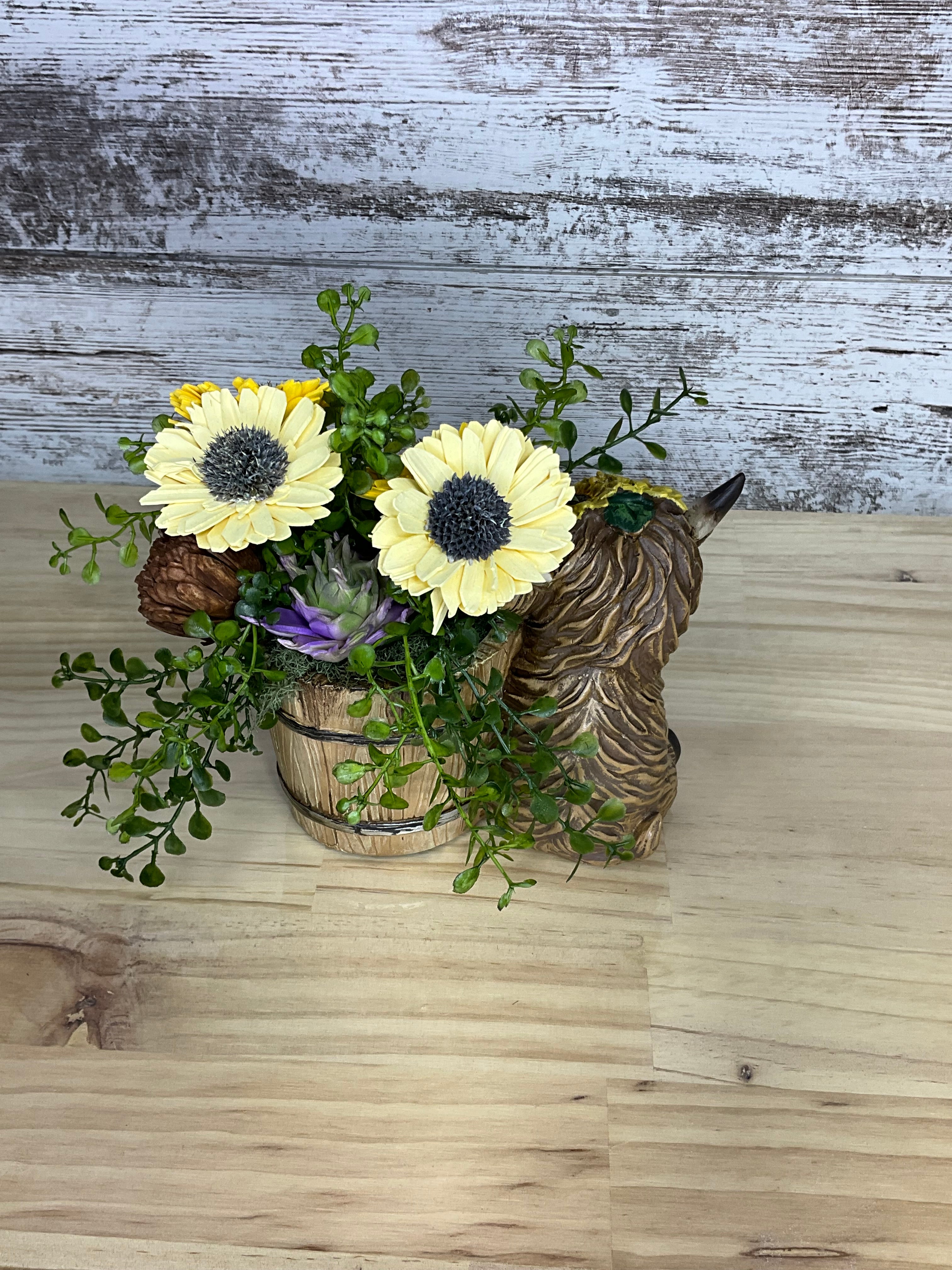 Sunny Days Highland Cow Barrel Arrangement