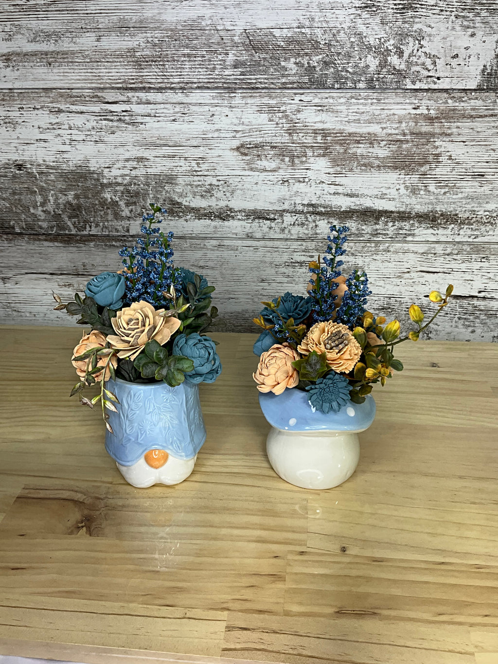 Blue & Peach Gnome Duo Sola Wood Flower Arrangements