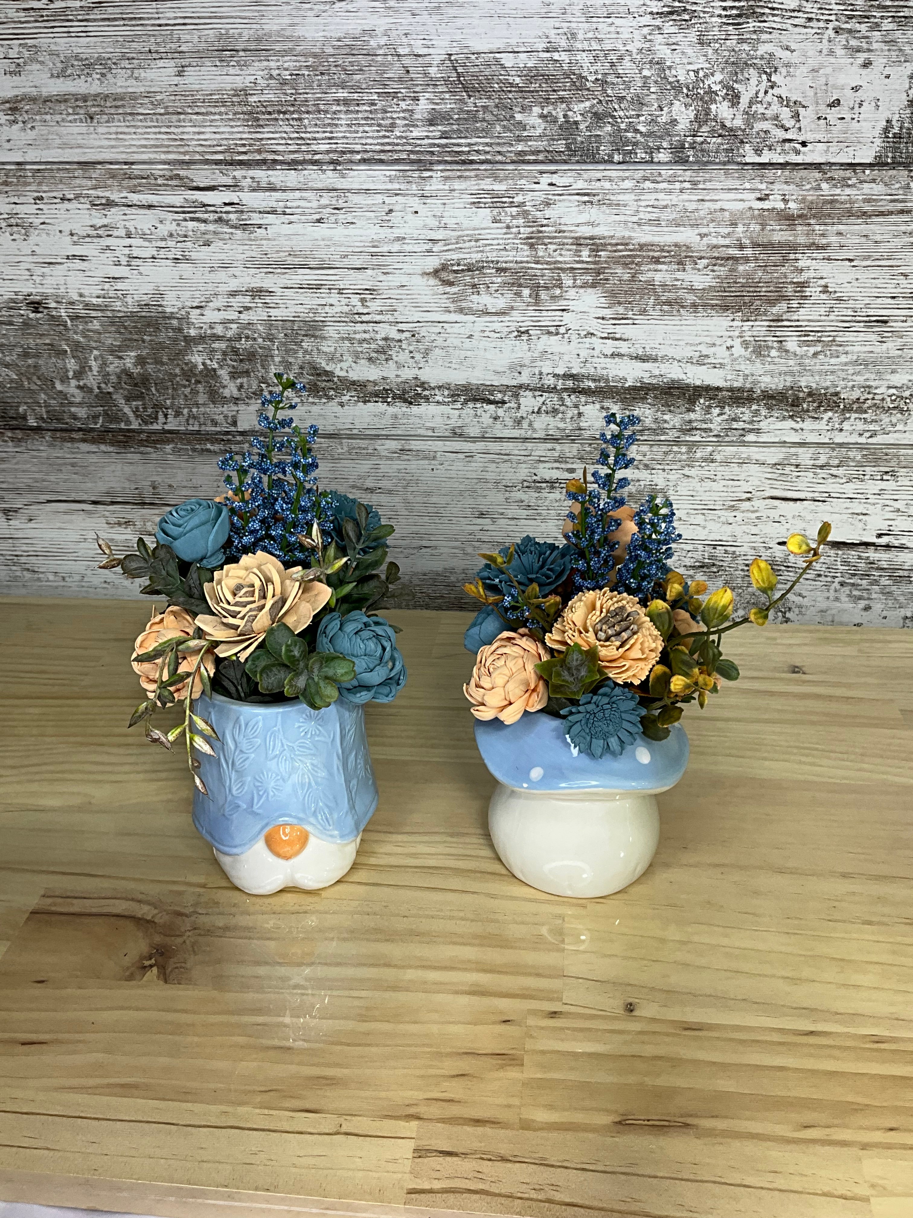 Blue & Peach Gnome Duo Sola Wood Flower Arrangements
