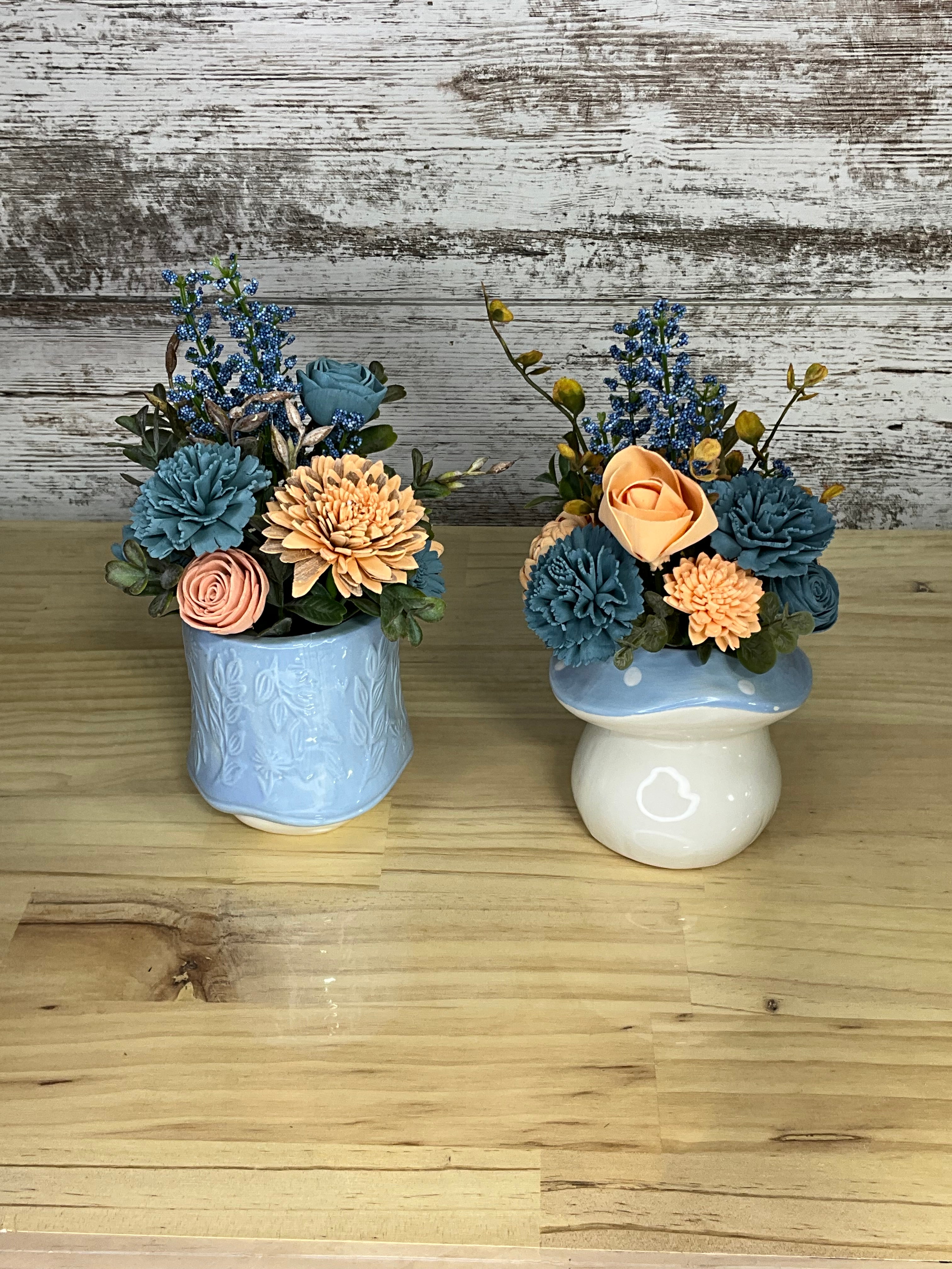Blue & Peach Gnome Duo Sola Wood Flower Arrangements