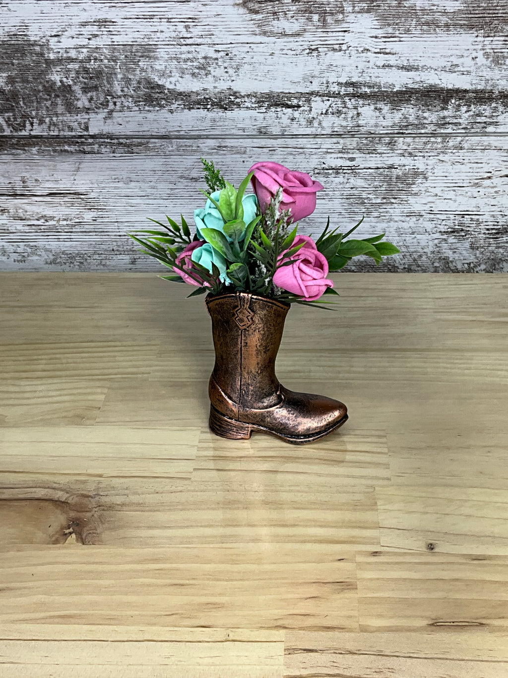Copper Cowboy Boot Sola Wood Rose Arrangement