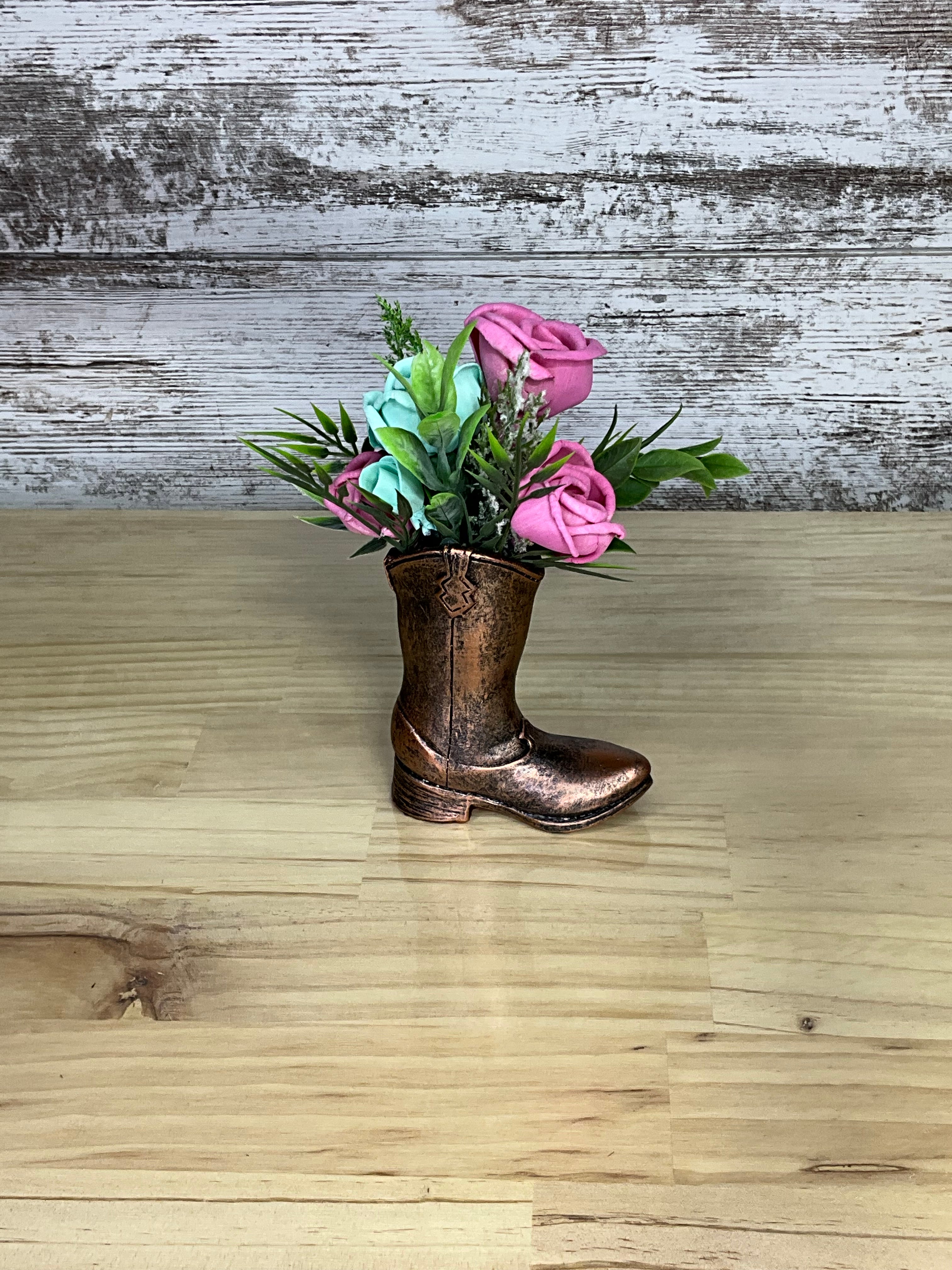 Copper Cowboy Boot Sola Wood Rose Arrangement
