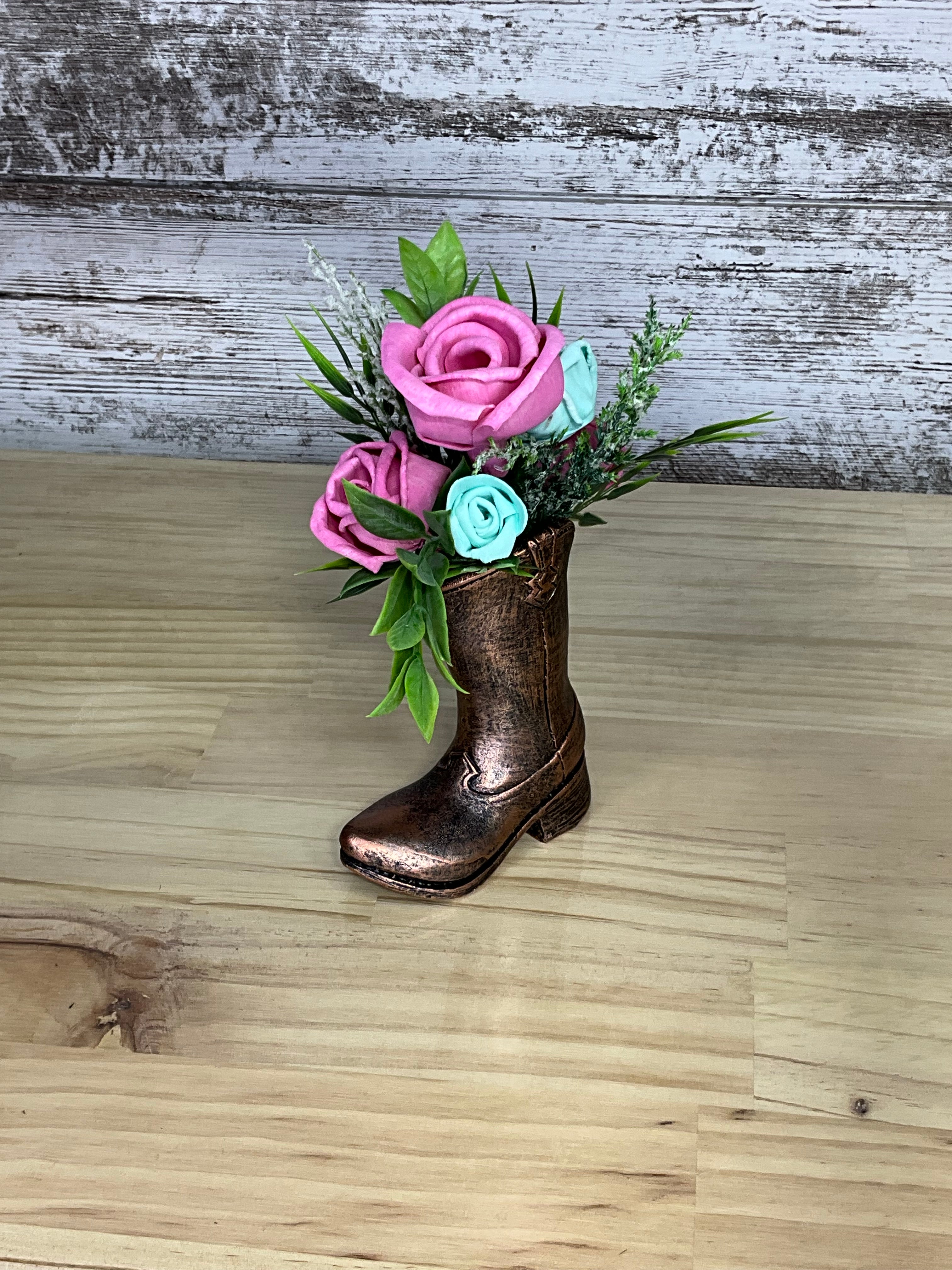 Copper Cowboy Boot Sola Wood Rose Arrangement