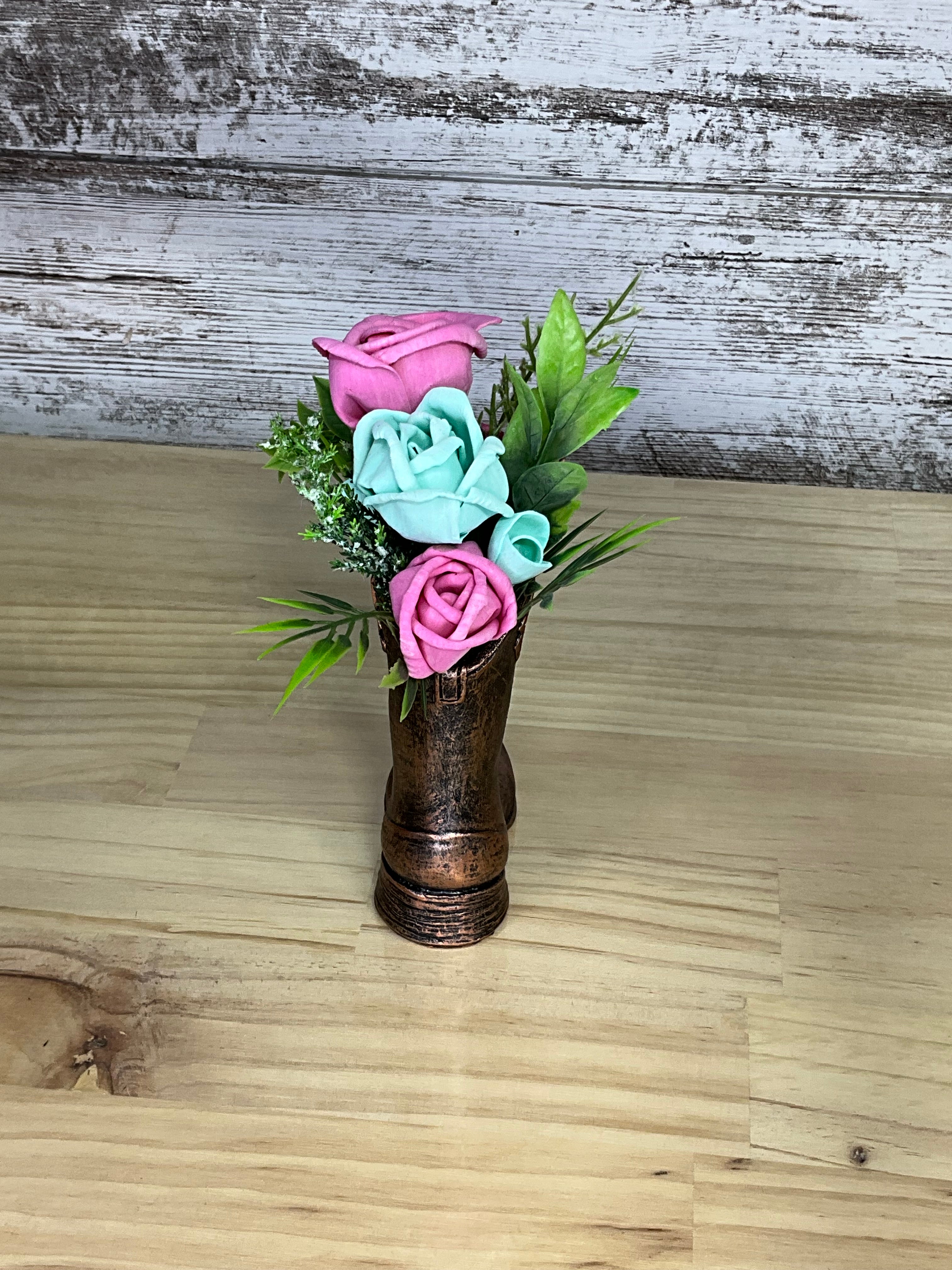 Copper Cowboy Boot Sola Wood Rose Arrangement