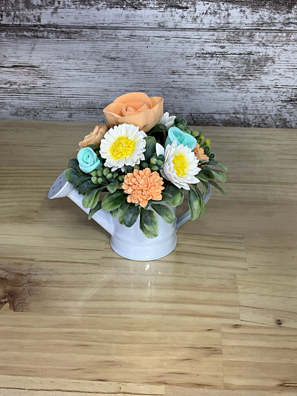 White Watering Can Sola Wood Flower Arrangement – Peach & Aqua