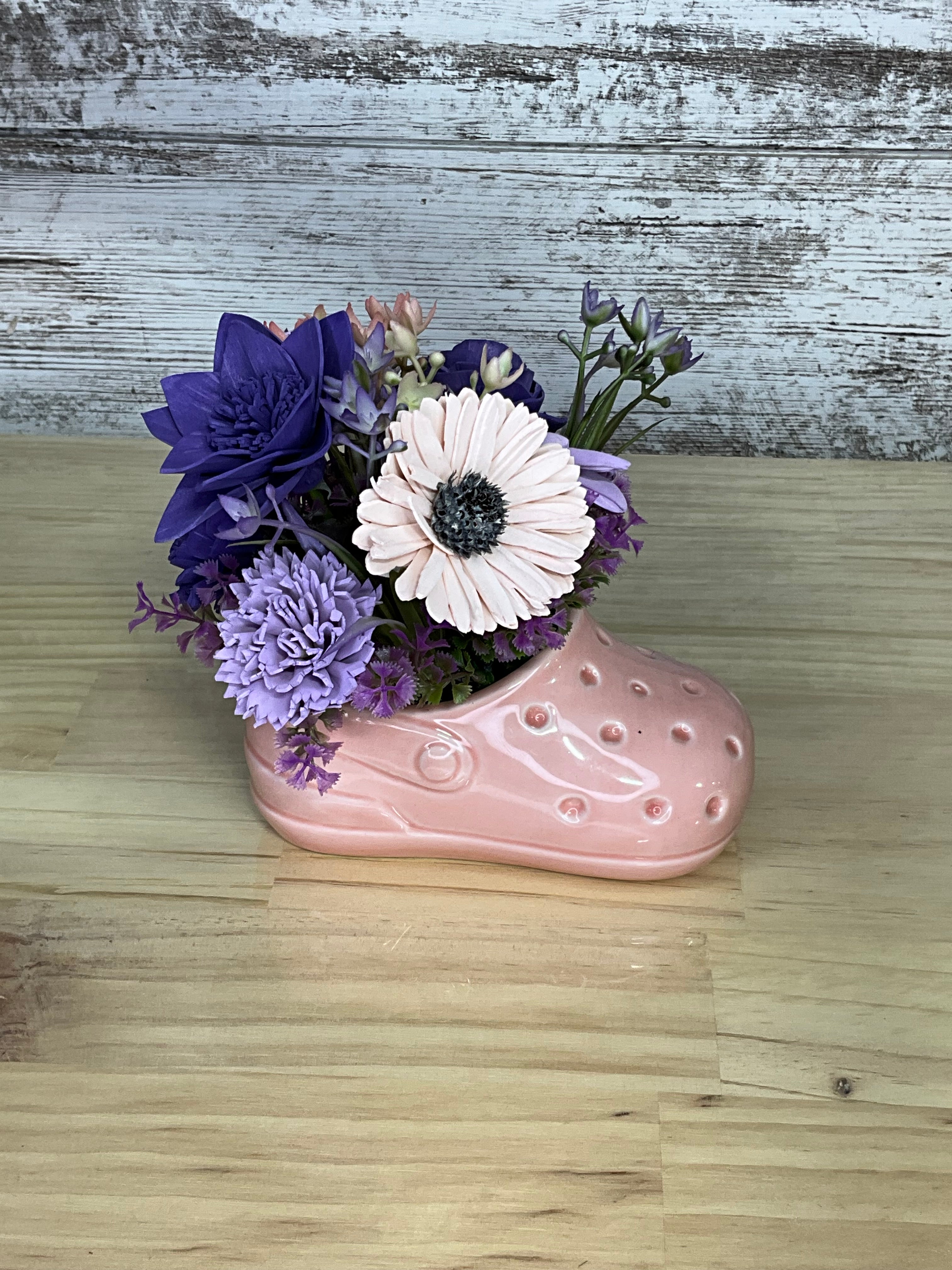 Pink Croc Sola Wood Flower Arrangement – Purple & Cream