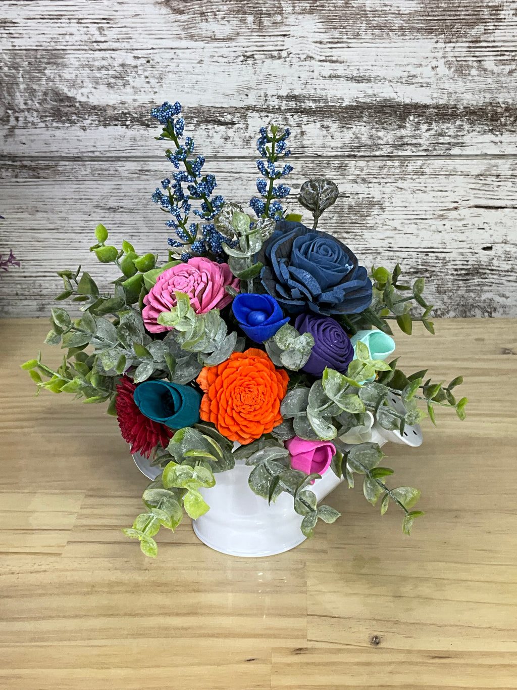 Rainbow Jewel Sola Wood Flower Arrangement in White Watering Can