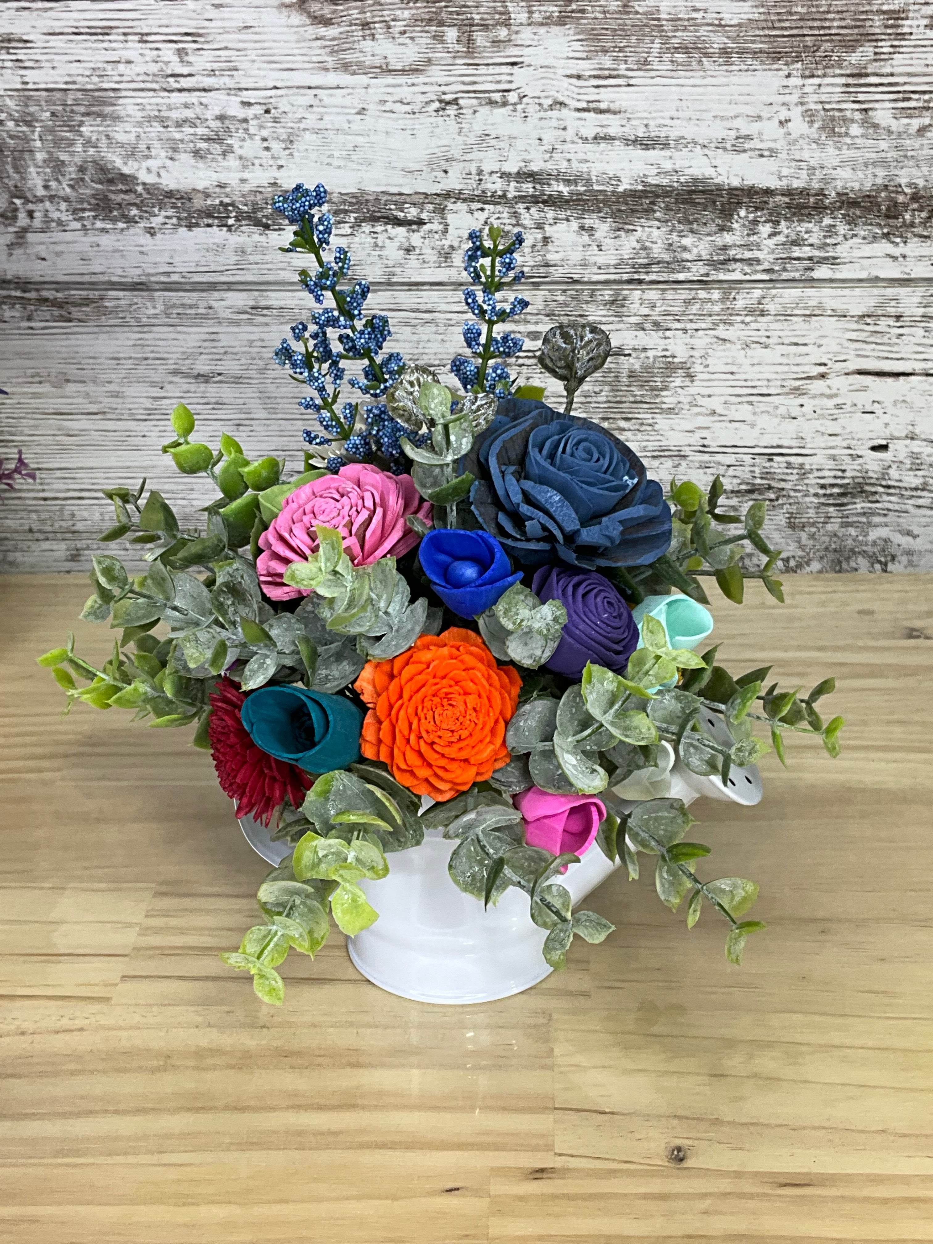 Rainbow Jewel Sola Wood Flower Arrangement in White Watering Can