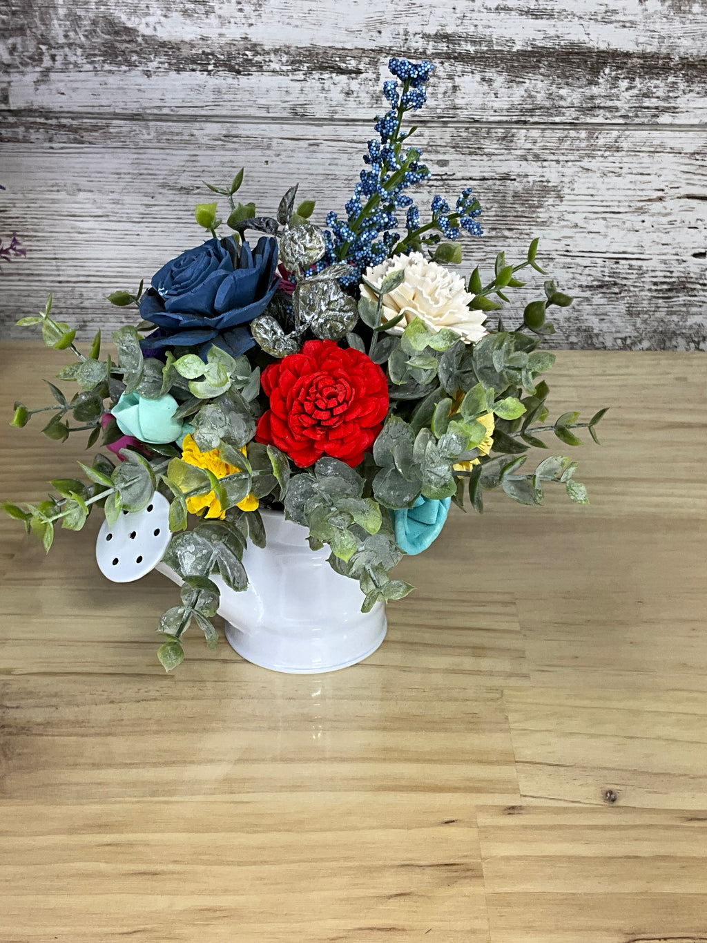 Rainbow Jewel Sola Wood Flower Arrangement in White Watering Can