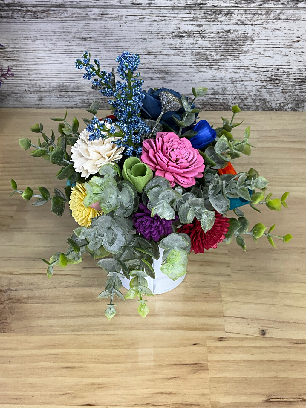 Rainbow Jewel Sola Wood Flower Arrangement in White Watering Can