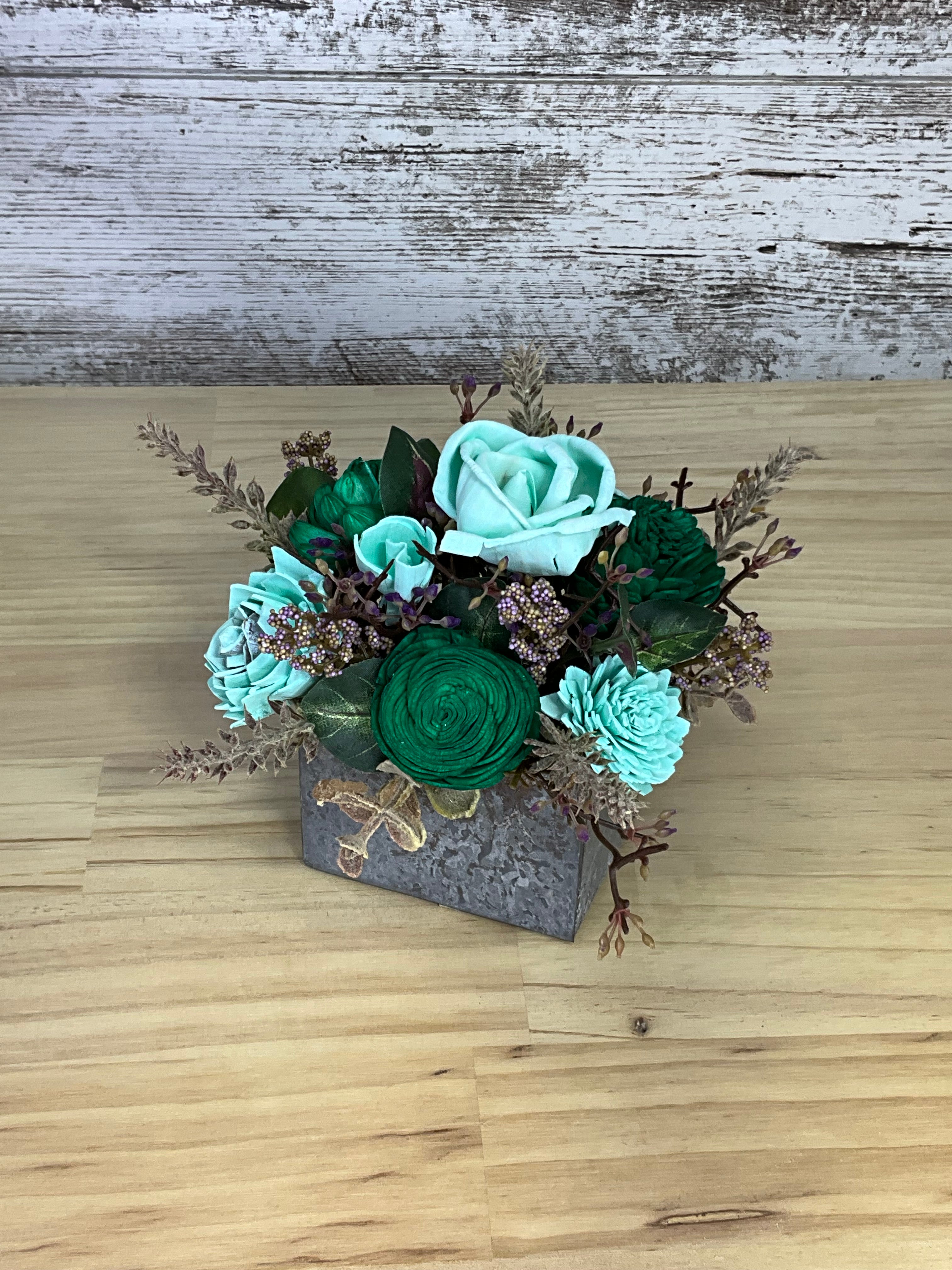 Mint & Emerald Sola Wood Flower Arrangement in Galvanized Tin