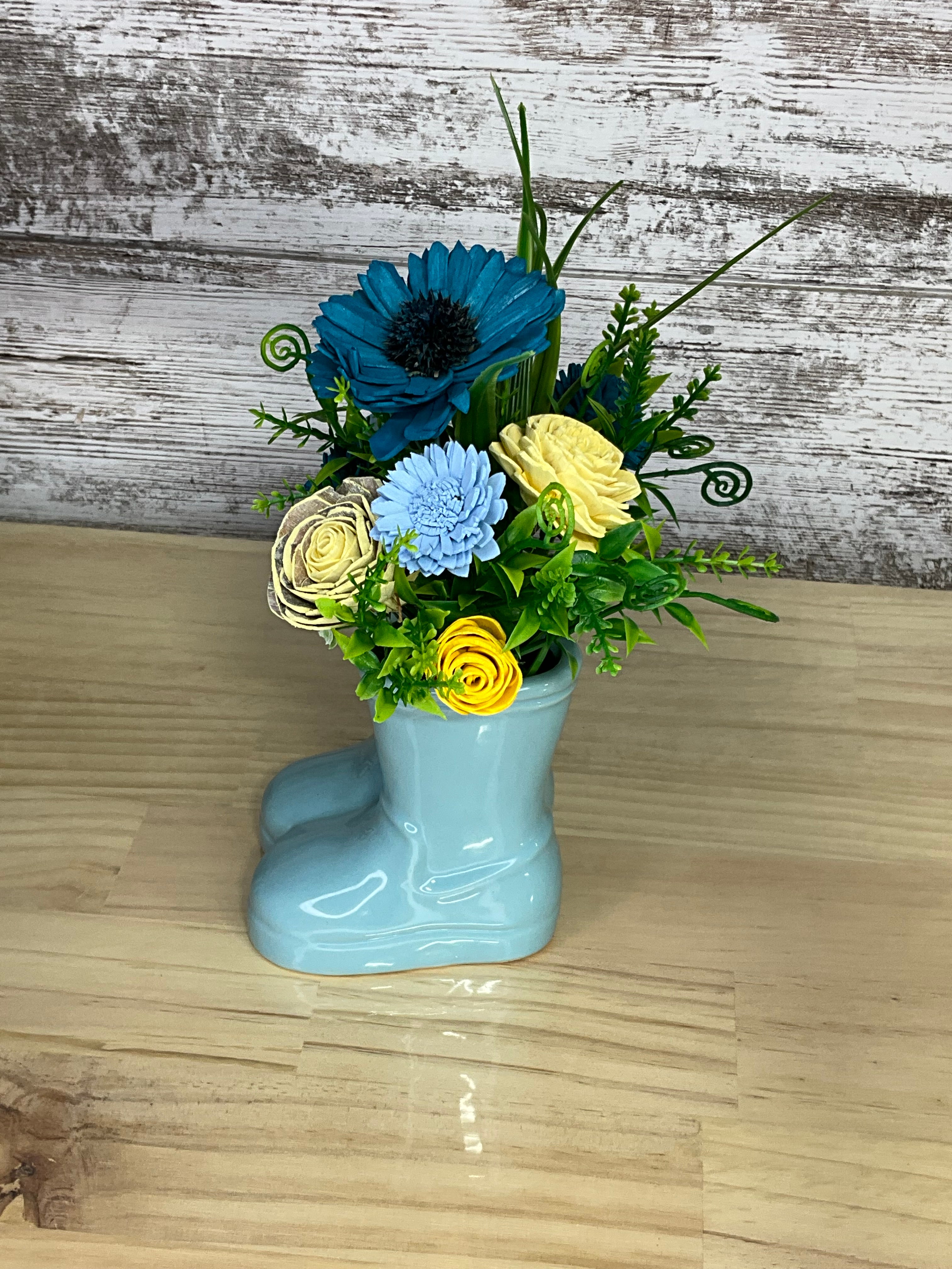 Rain Boot Sola Wood Flower Arrangement