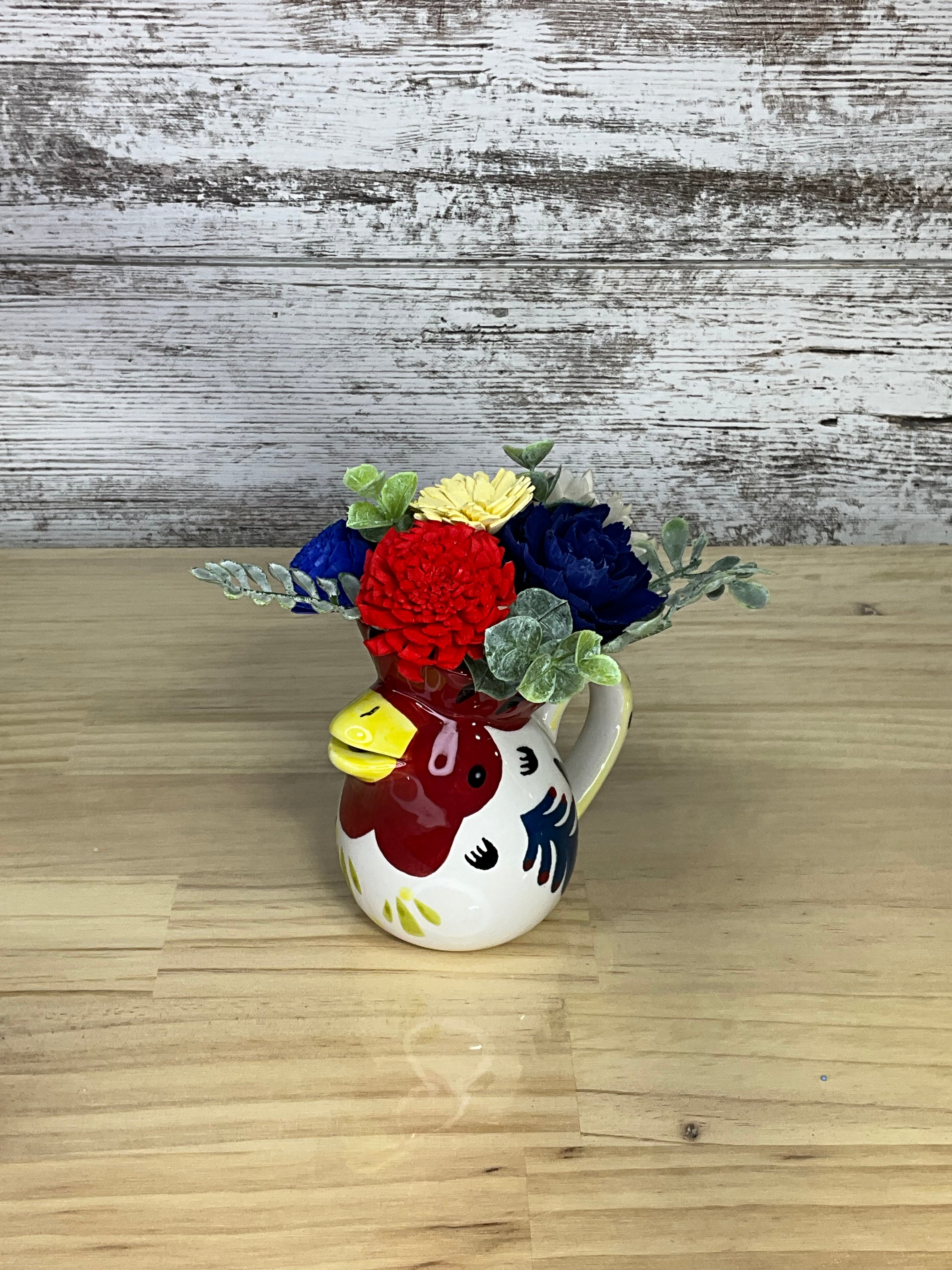 Rooster Pitcher Sola Wood Flower Arrangement – Red, White & Blue