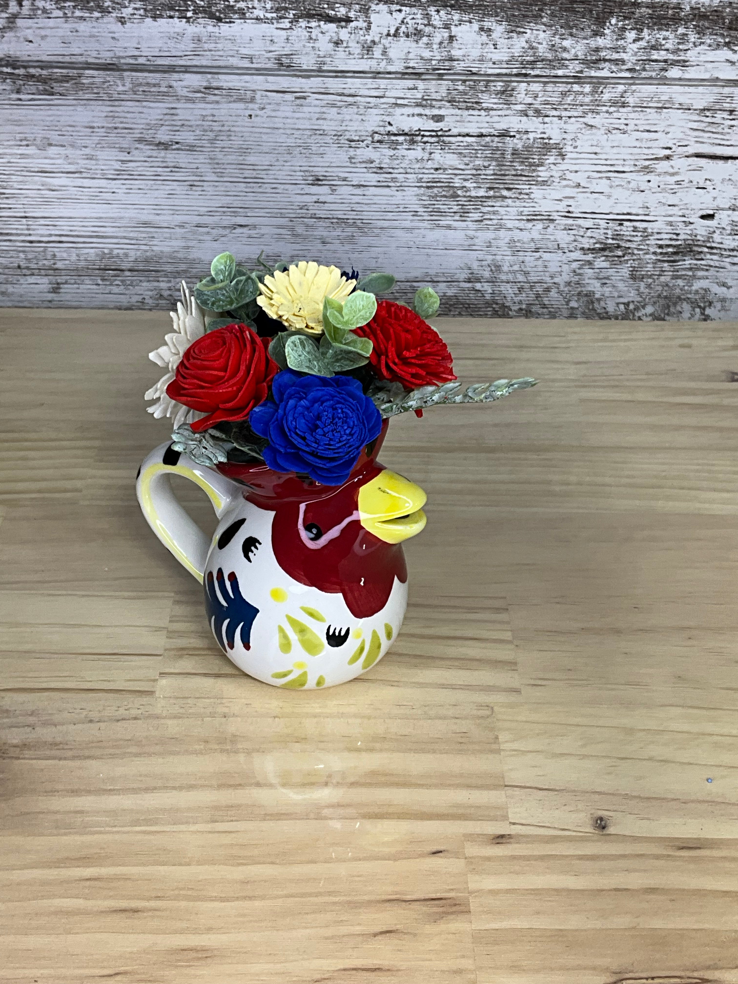 Rooster Pitcher Sola Wood Flower Arrangement – Red, White & Blue