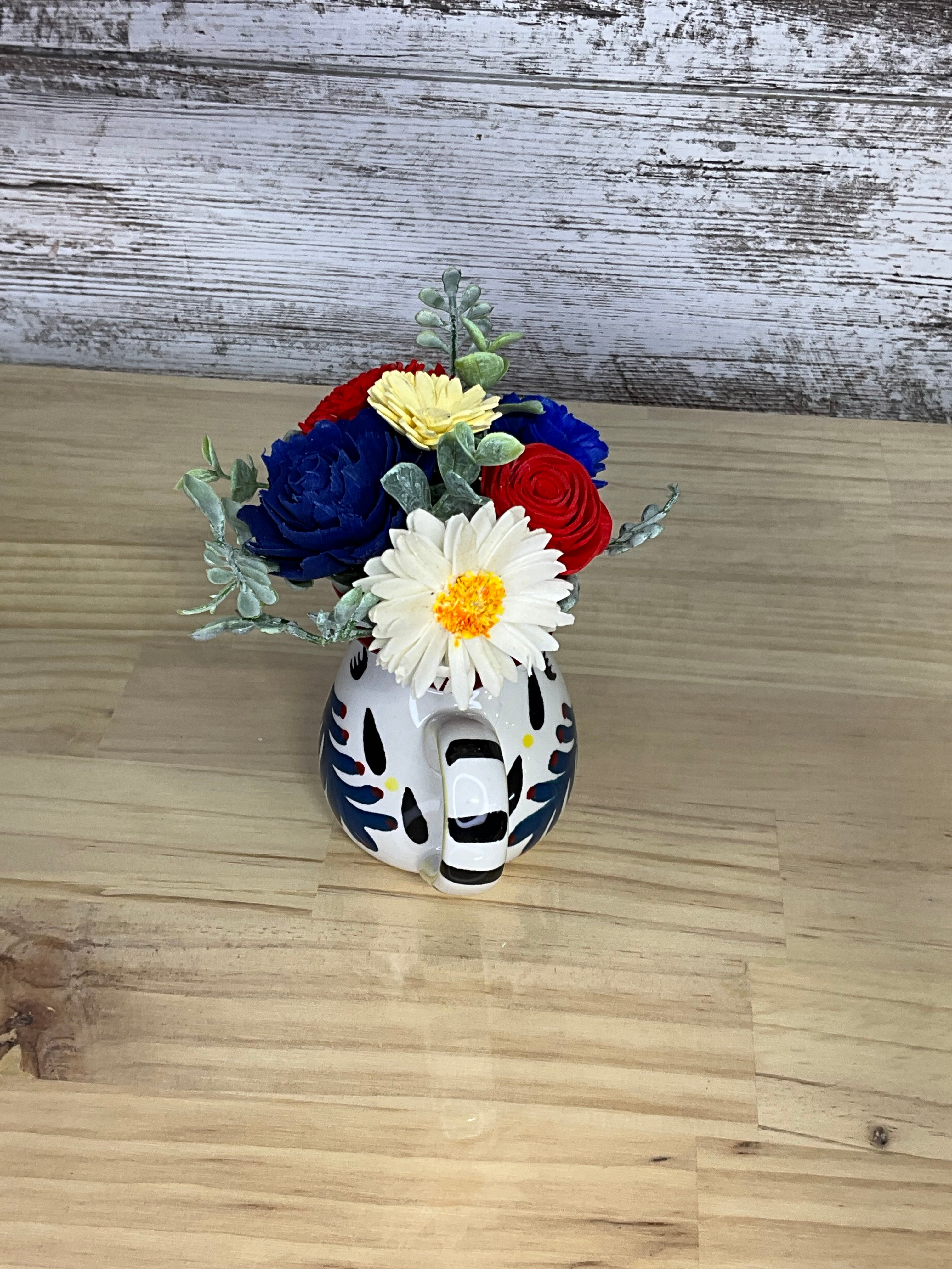 Rooster Pitcher Sola Wood Flower Arrangement – Red, White & Blue