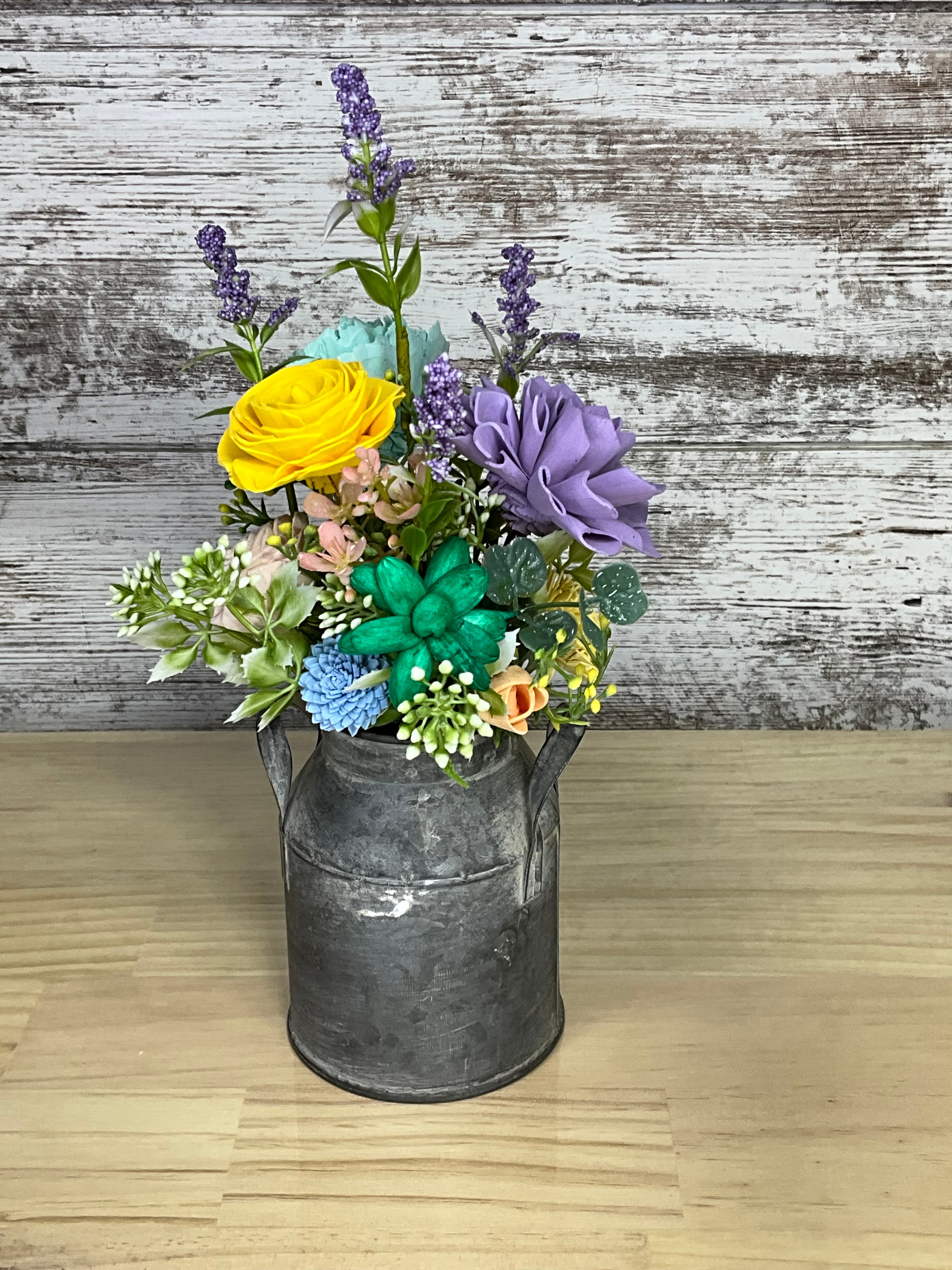 Galvanized Milk Can Sola Wood Flower Arrangement – Spring Garden