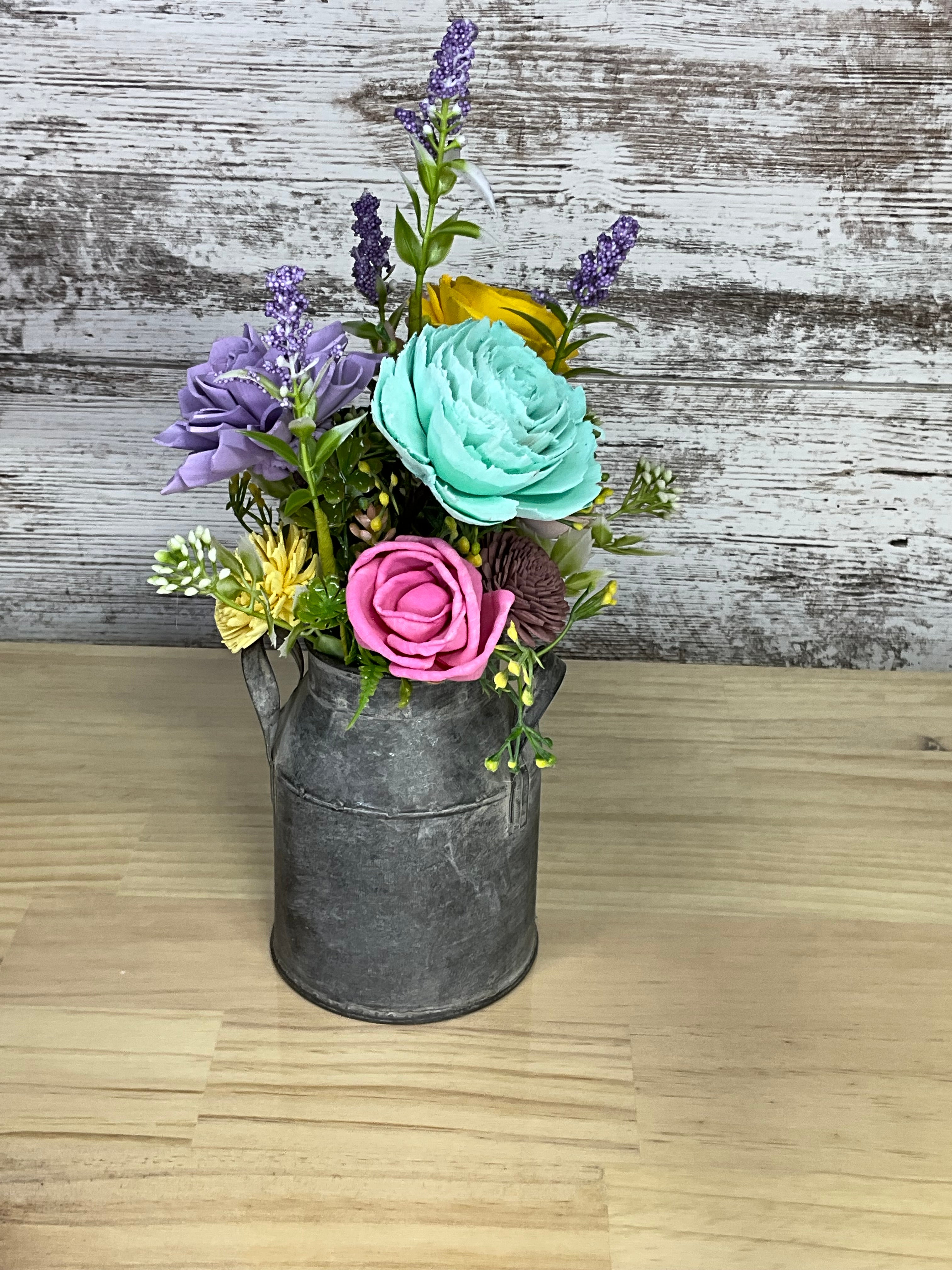 Galvanized Milk Can Sola Wood Flower Arrangement – Spring Garden