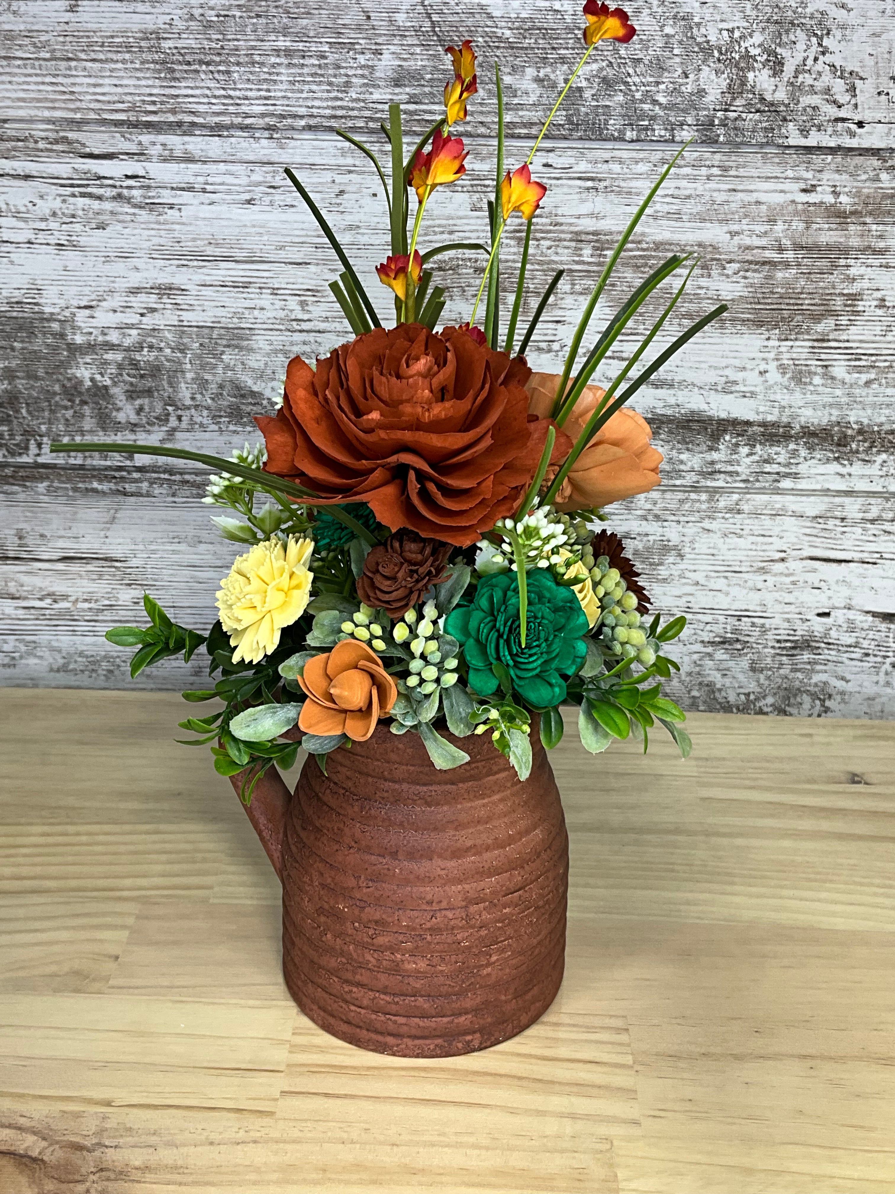Harvest Sola Wood Flower Arrangement in Terracotta Pitcher