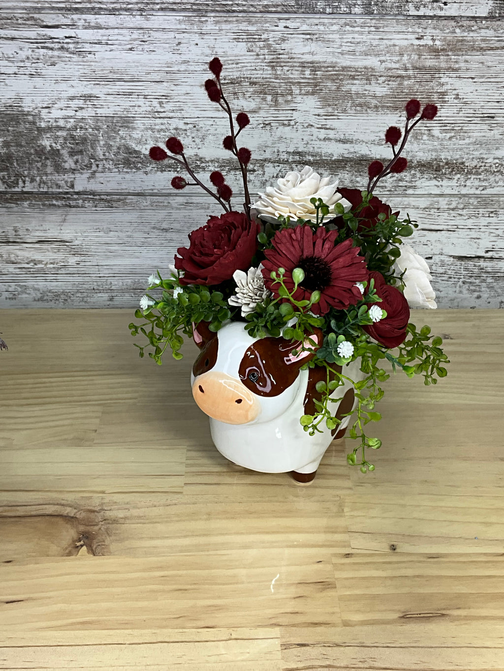 Cow Vase Sola Wood Flower Arrangement – Burgundy & Cream