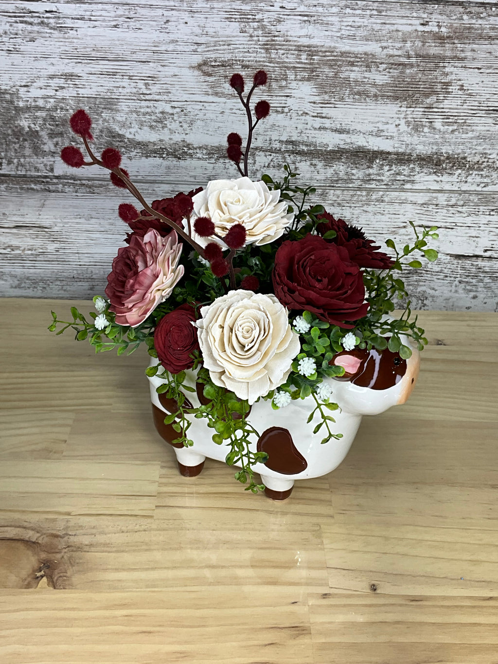 Cow Vase Sola Wood Flower Arrangement – Burgundy & Cream