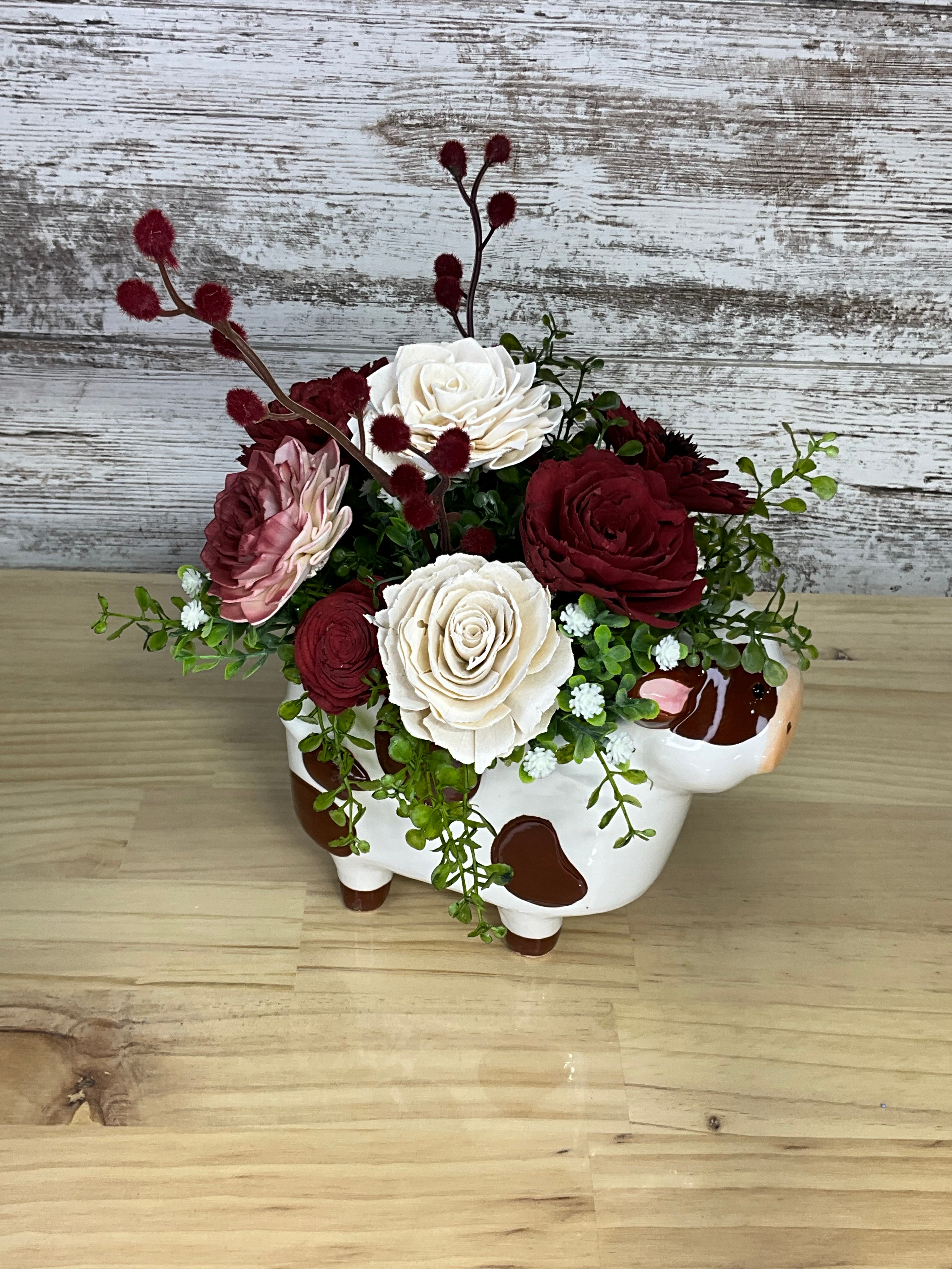 Cow Vase Sola Wood Flower Arrangement – Burgundy & Cream
