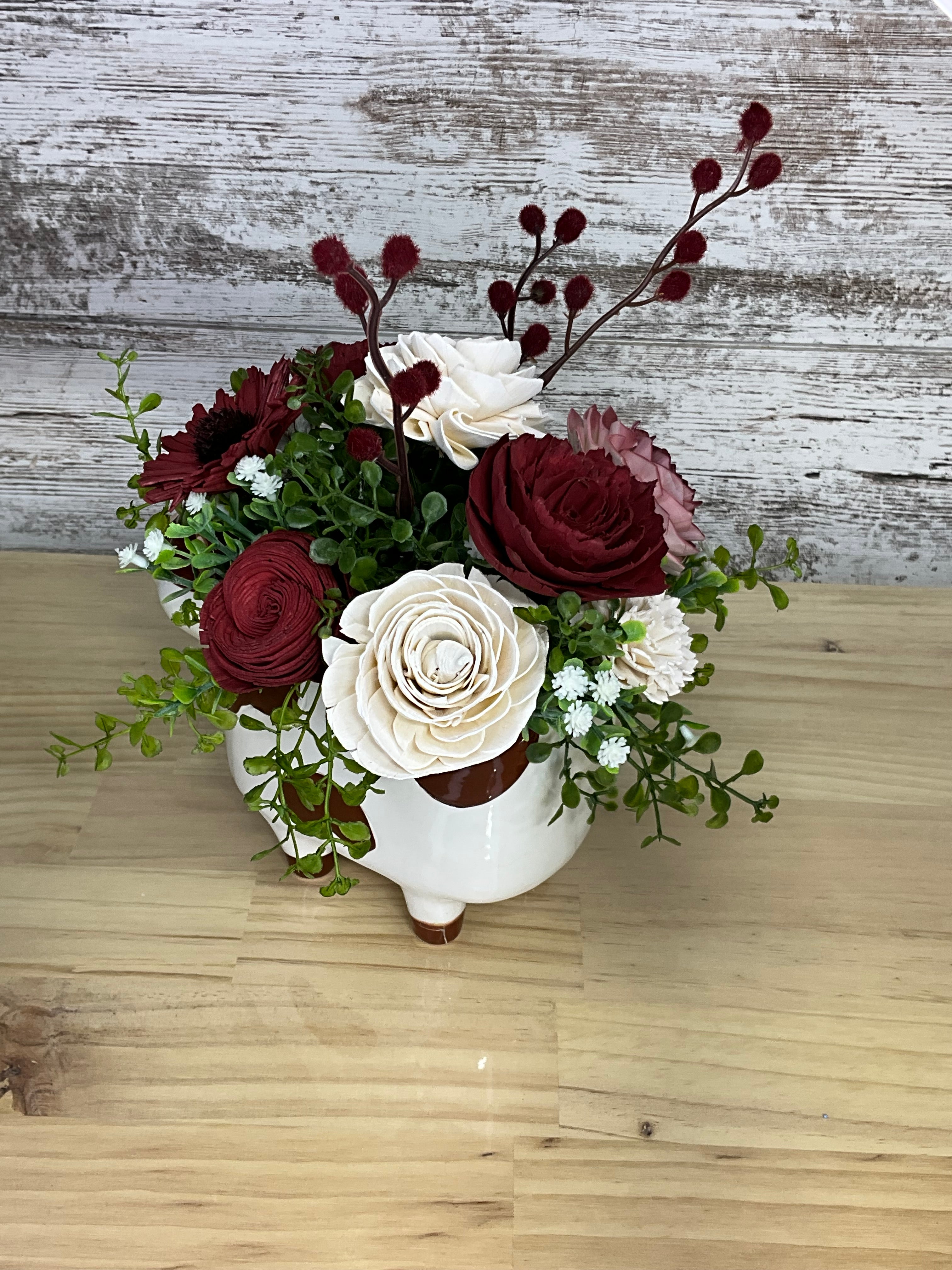 Cow Vase Sola Wood Flower Arrangement – Burgundy & Cream
