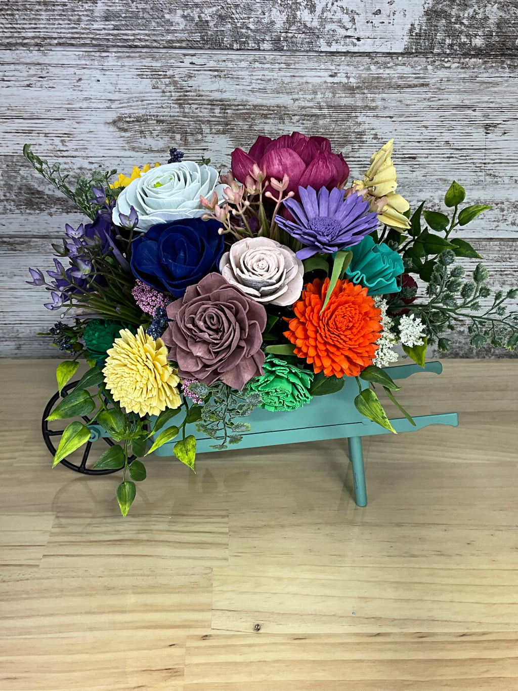 Teal Wheelbarrow Sola Wood Flower Arrangement – Rainbow Garden