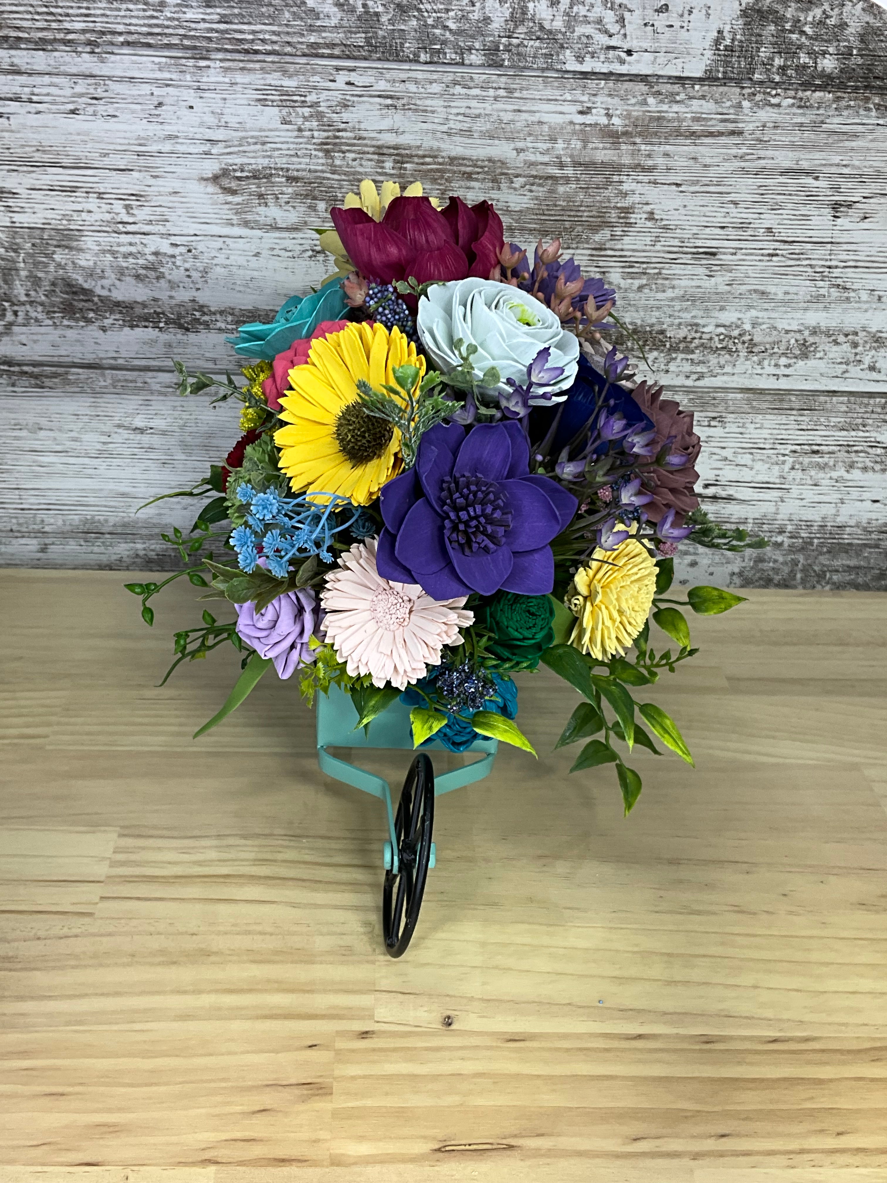 Teal Wheelbarrow Sola Wood Flower Arrangement – Rainbow Garden