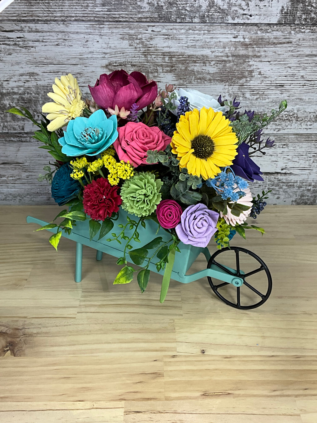 Teal Wheelbarrow Sola Wood Flower Arrangement – Rainbow Garden