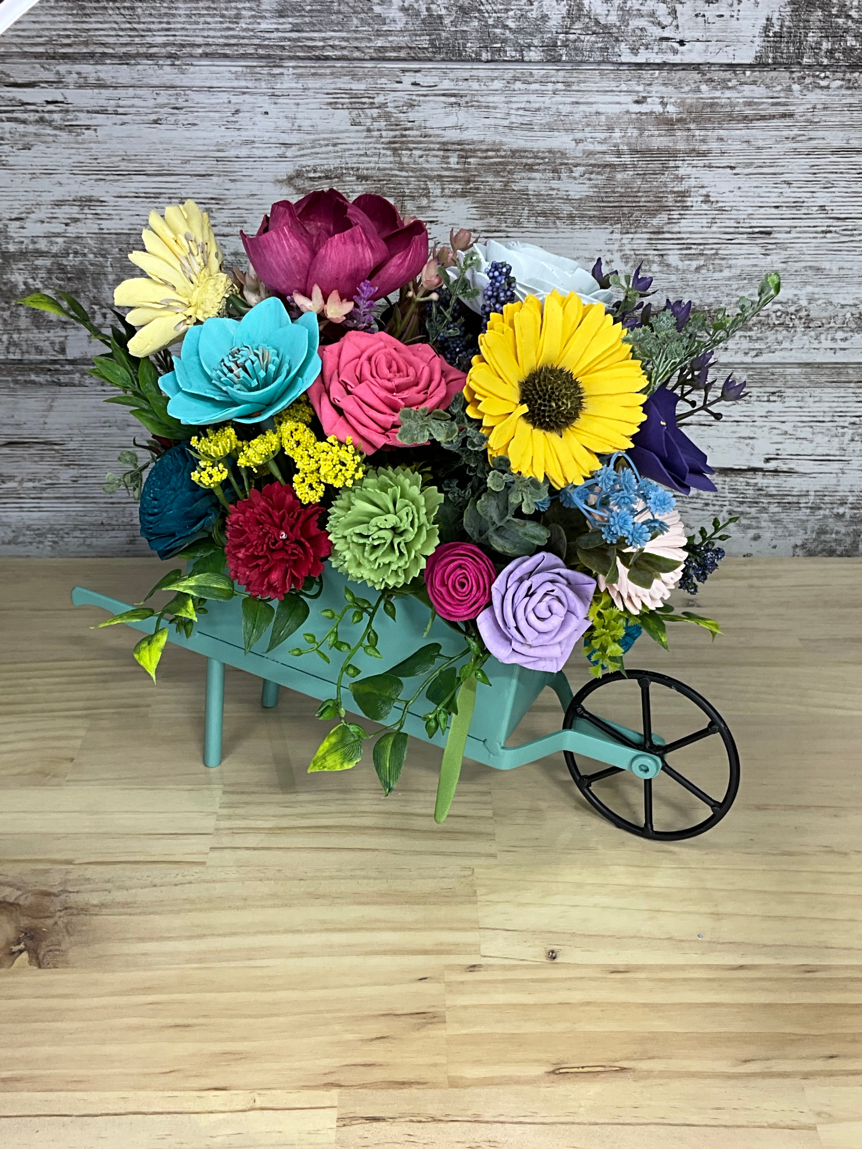 Teal Wheelbarrow Sola Wood Flower Arrangement – Rainbow Garden