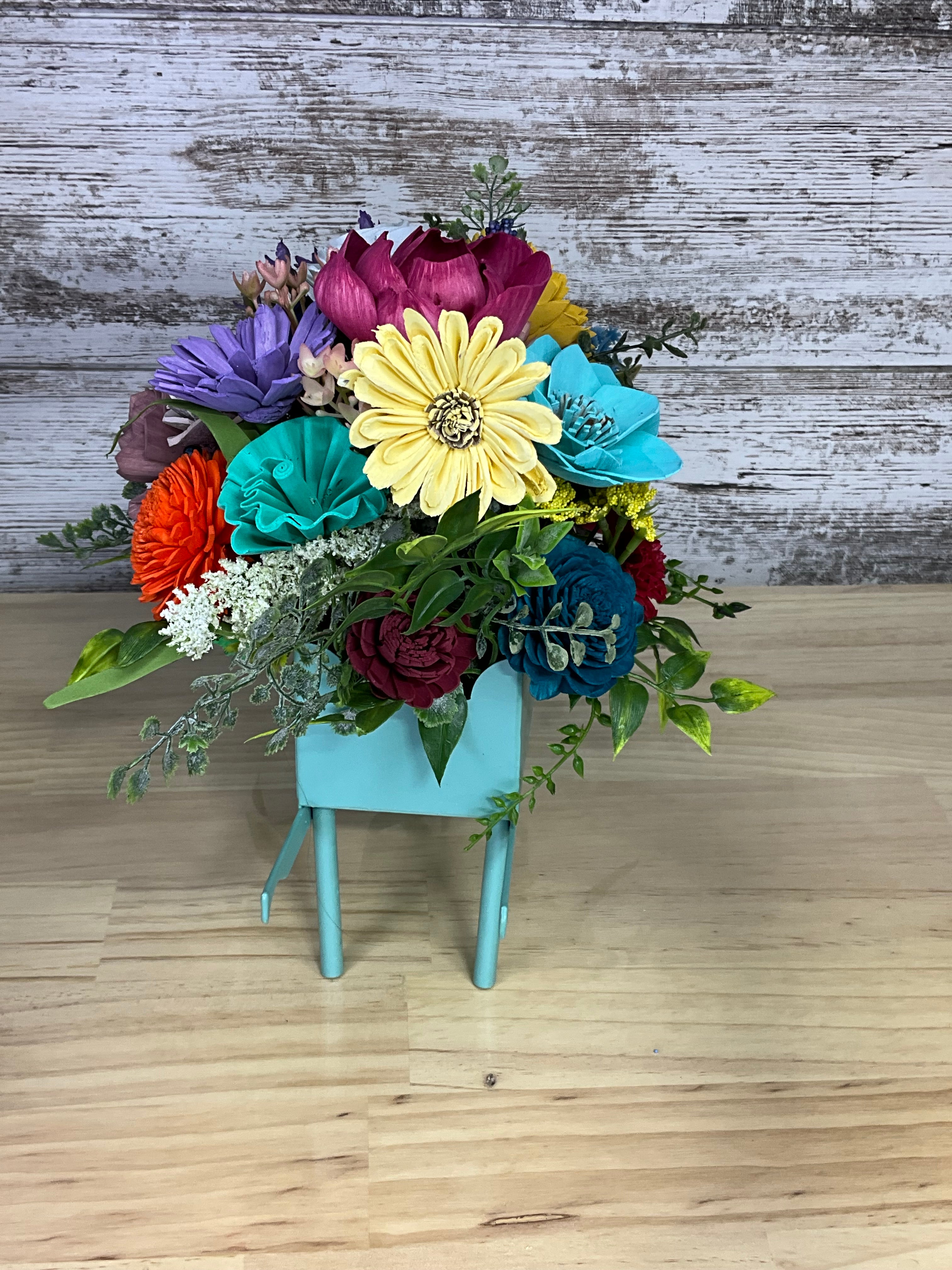 Teal Wheelbarrow Sola Wood Flower Arrangement – Rainbow Garden