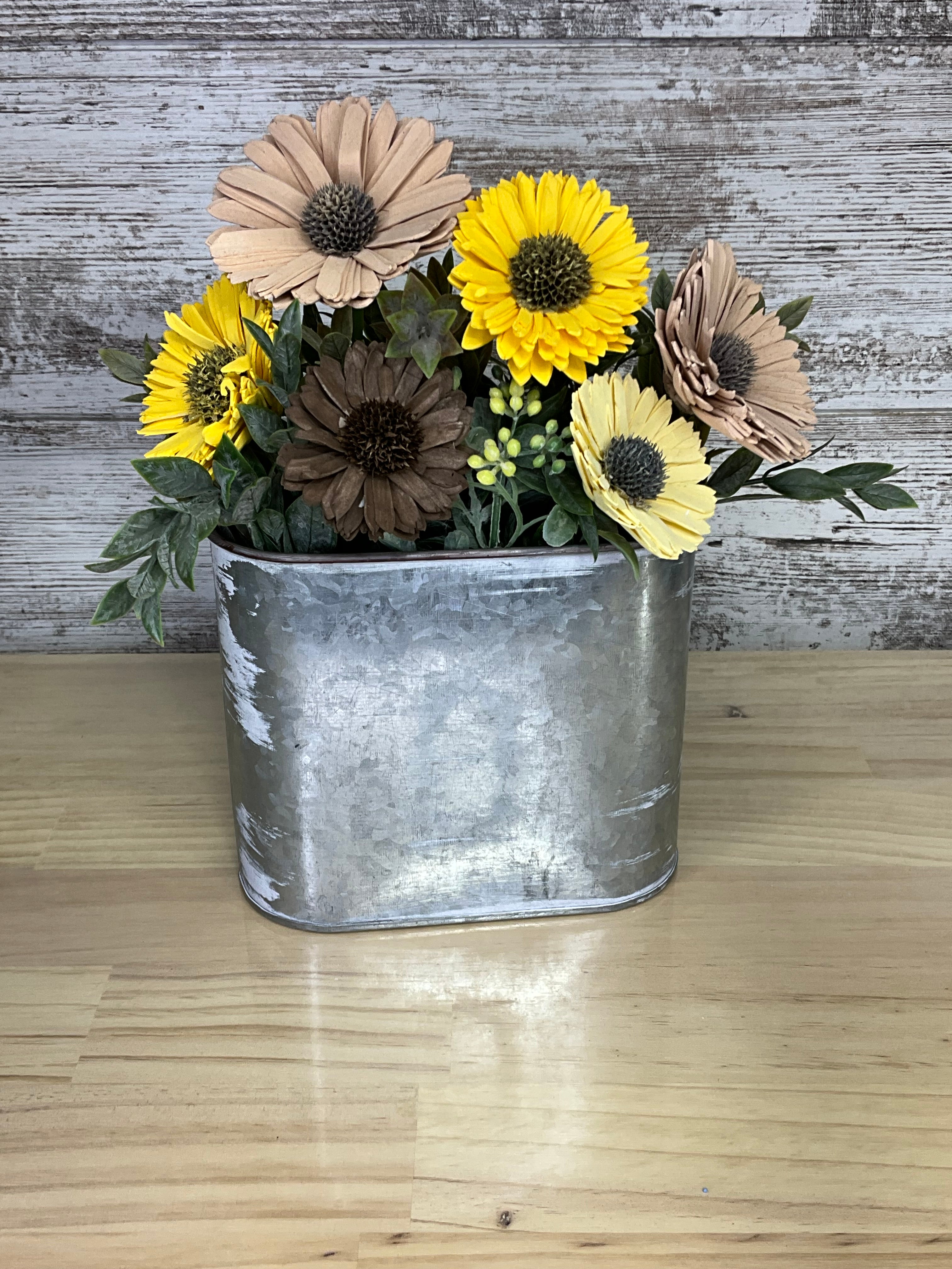 Galvanized Tin Sola Wood Flower Arrangement – Sunflower & Natural