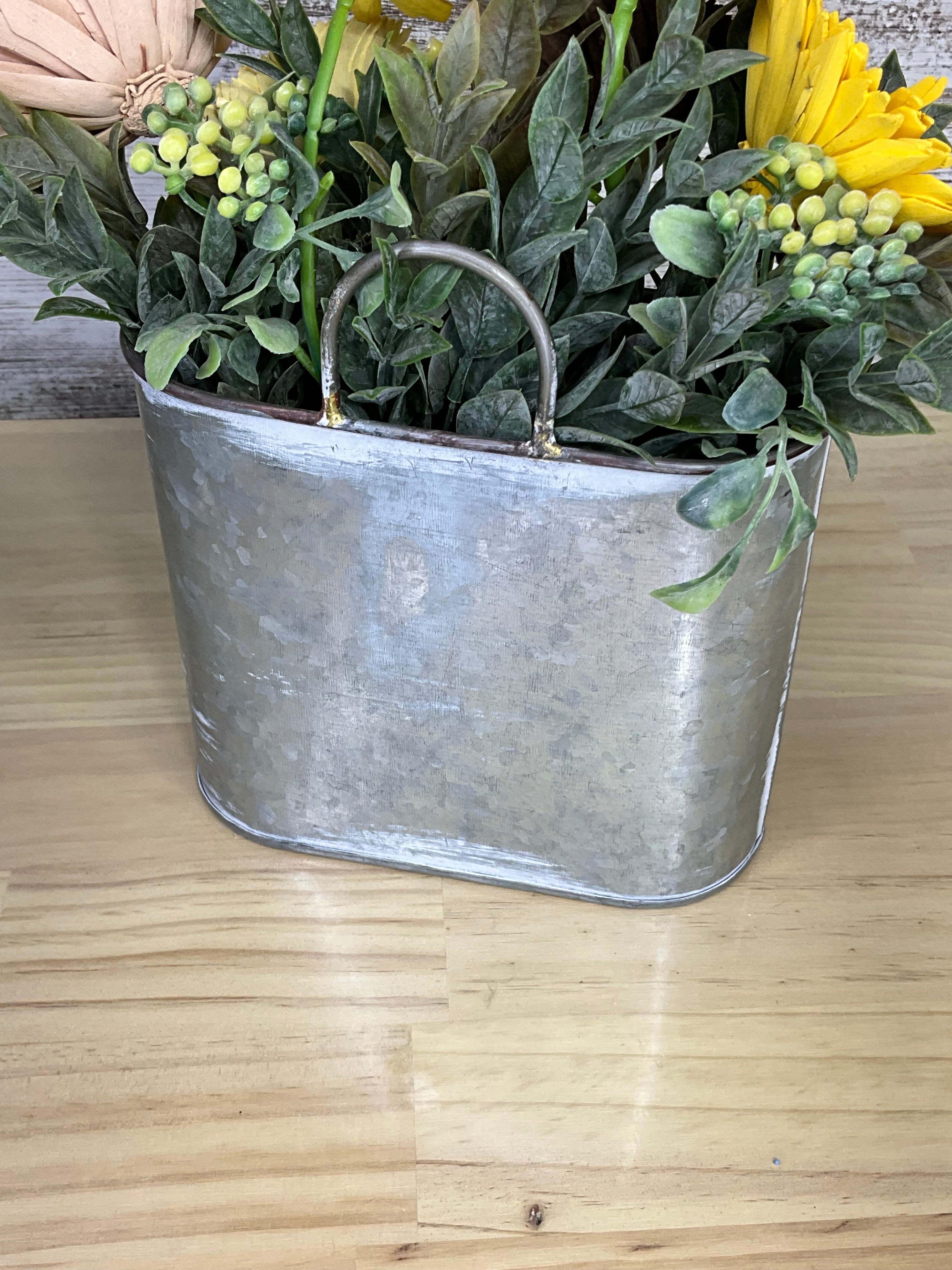 Galvanized Tin Sola Wood Flower Arrangement – Sunflower & Natural