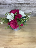 Galvanized Bucket Sola Wood Flower Arrangement – Magenta, White & Teal