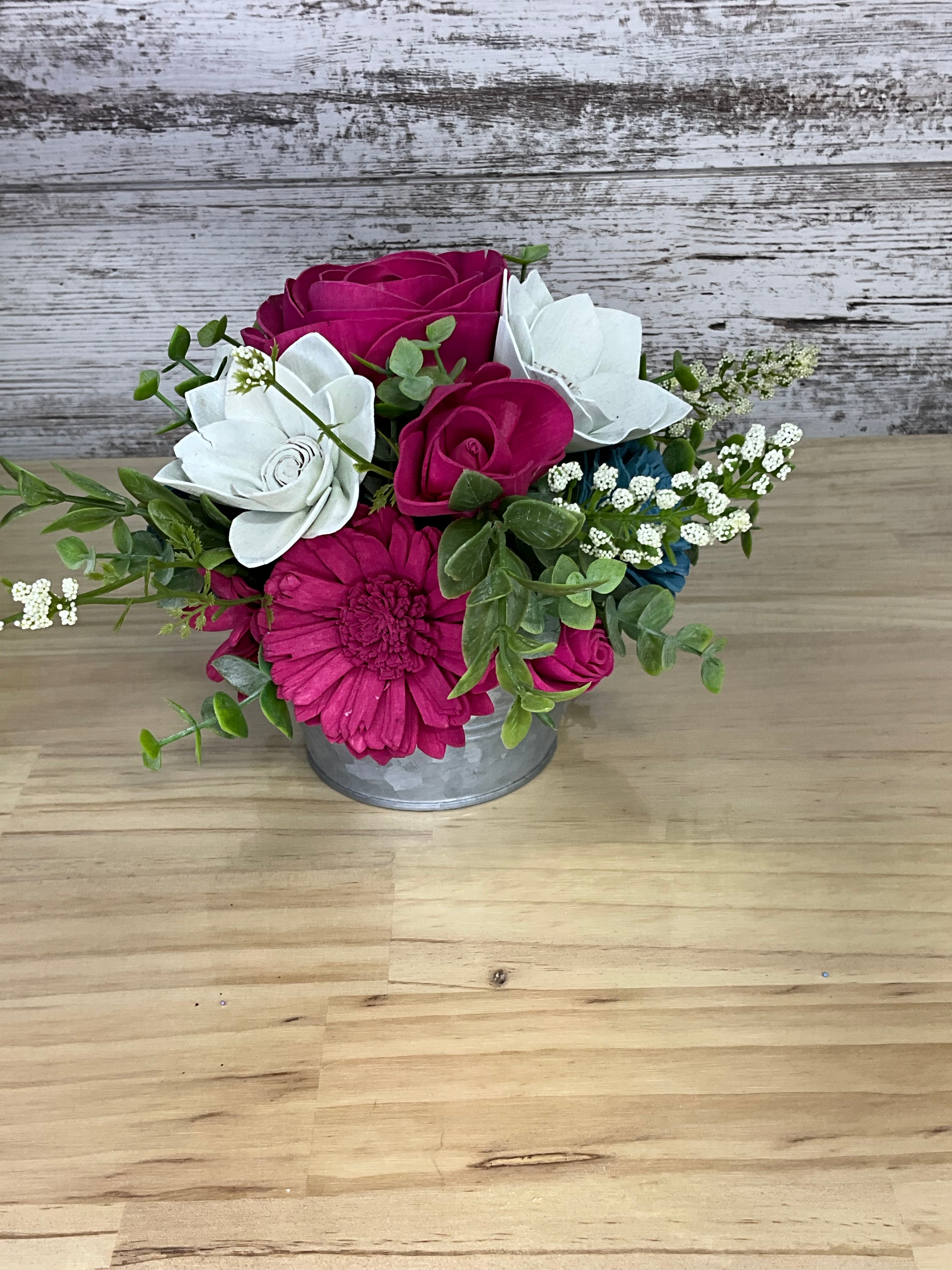 Galvanized Bucket Sola Wood Flower Arrangement – Magenta, White & Teal
