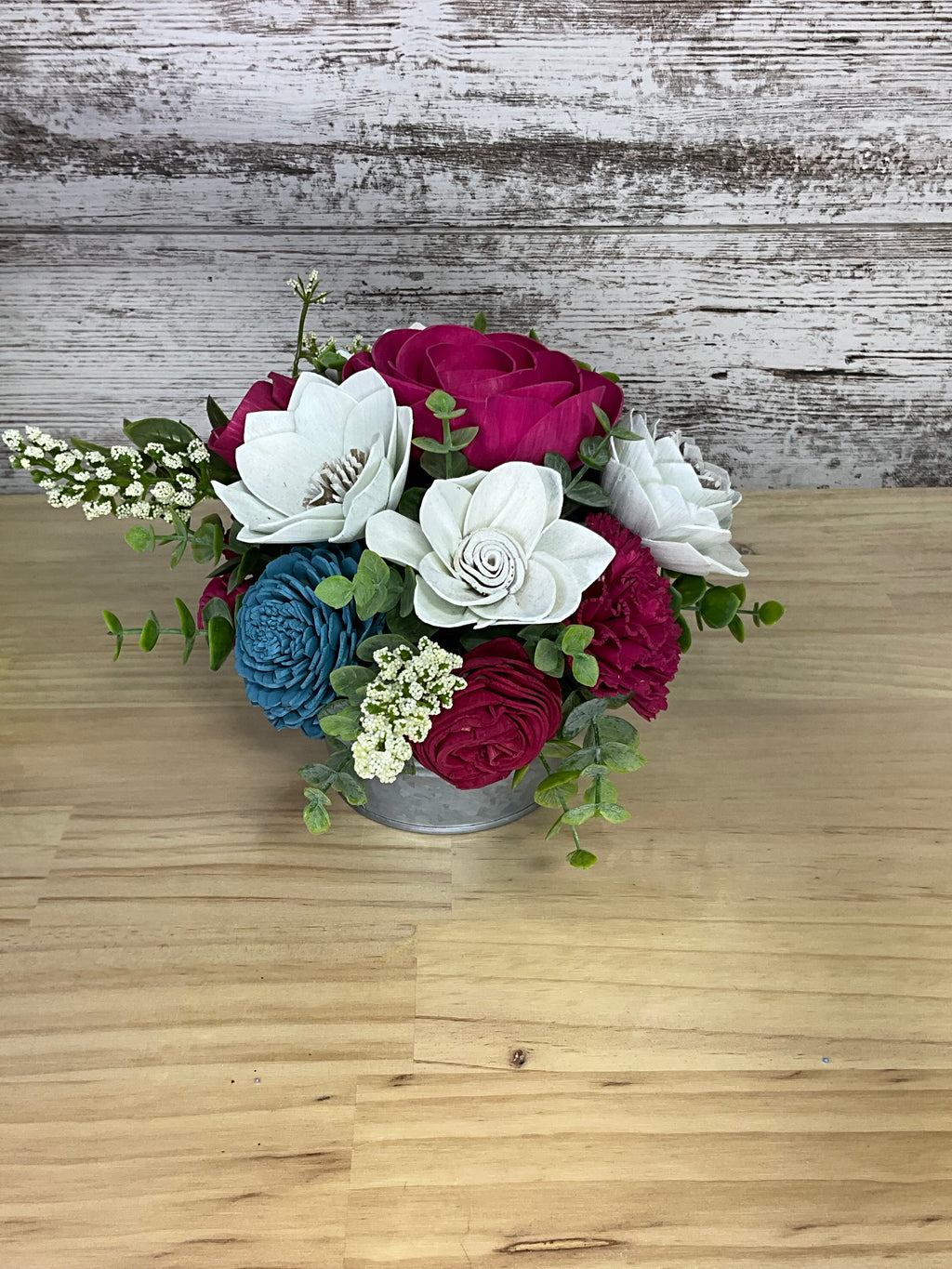 Galvanized Bucket Sola Wood Flower Arrangement – Magenta, White & Teal