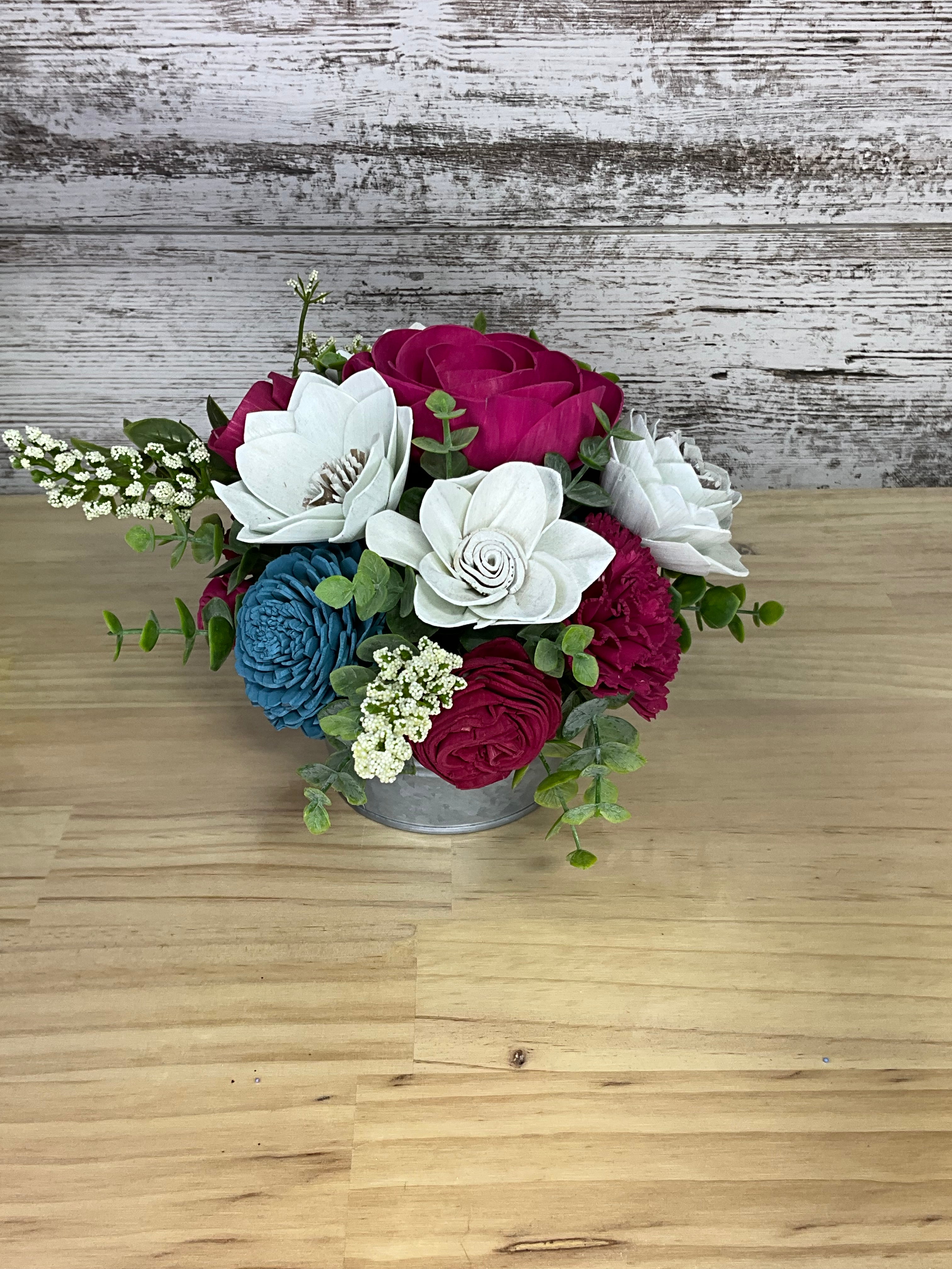 Galvanized Bucket Sola Wood Flower Arrangement – Magenta, White & Teal