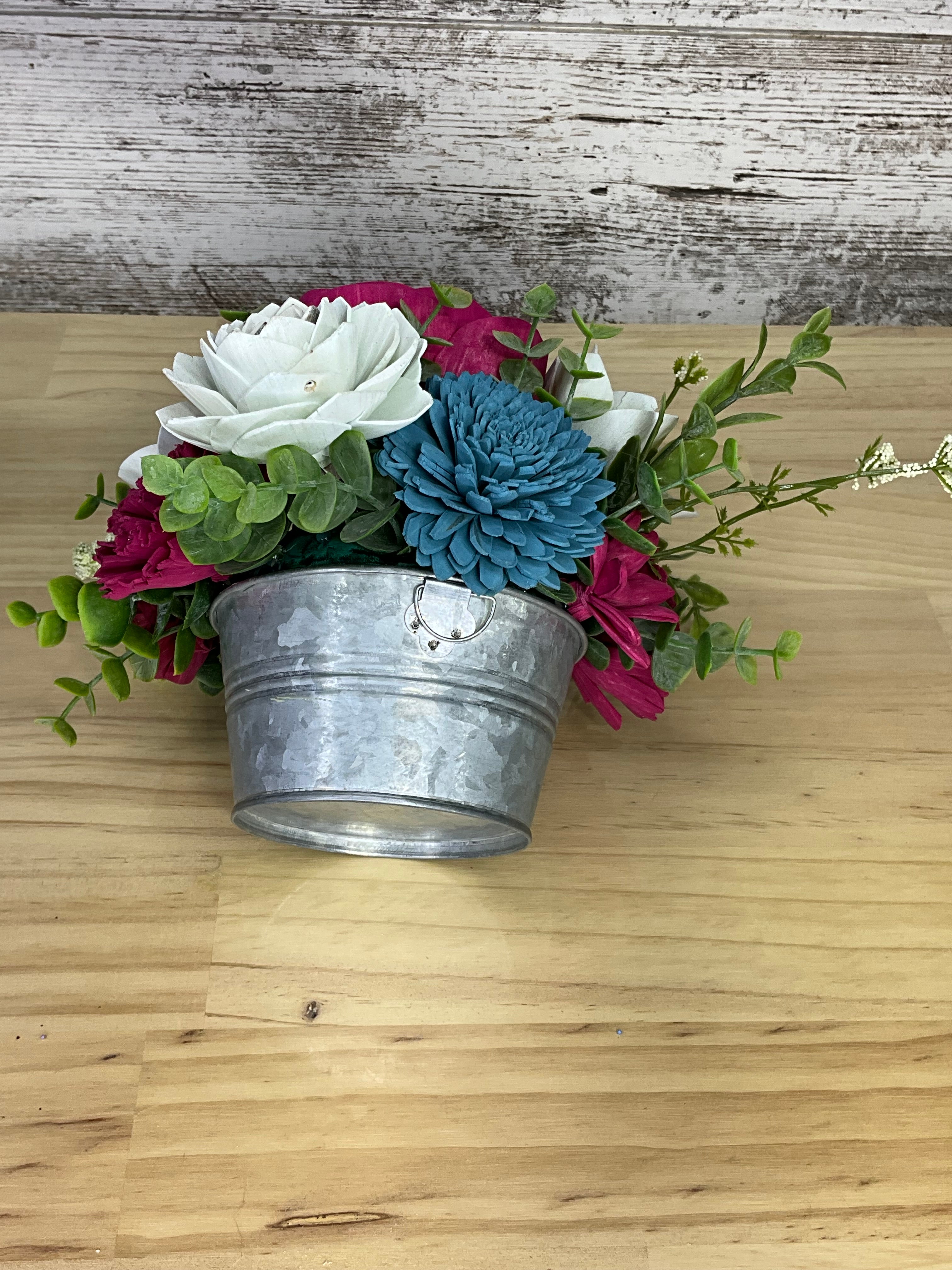 Galvanized Bucket Sola Wood Flower Arrangement – Magenta, White & Teal