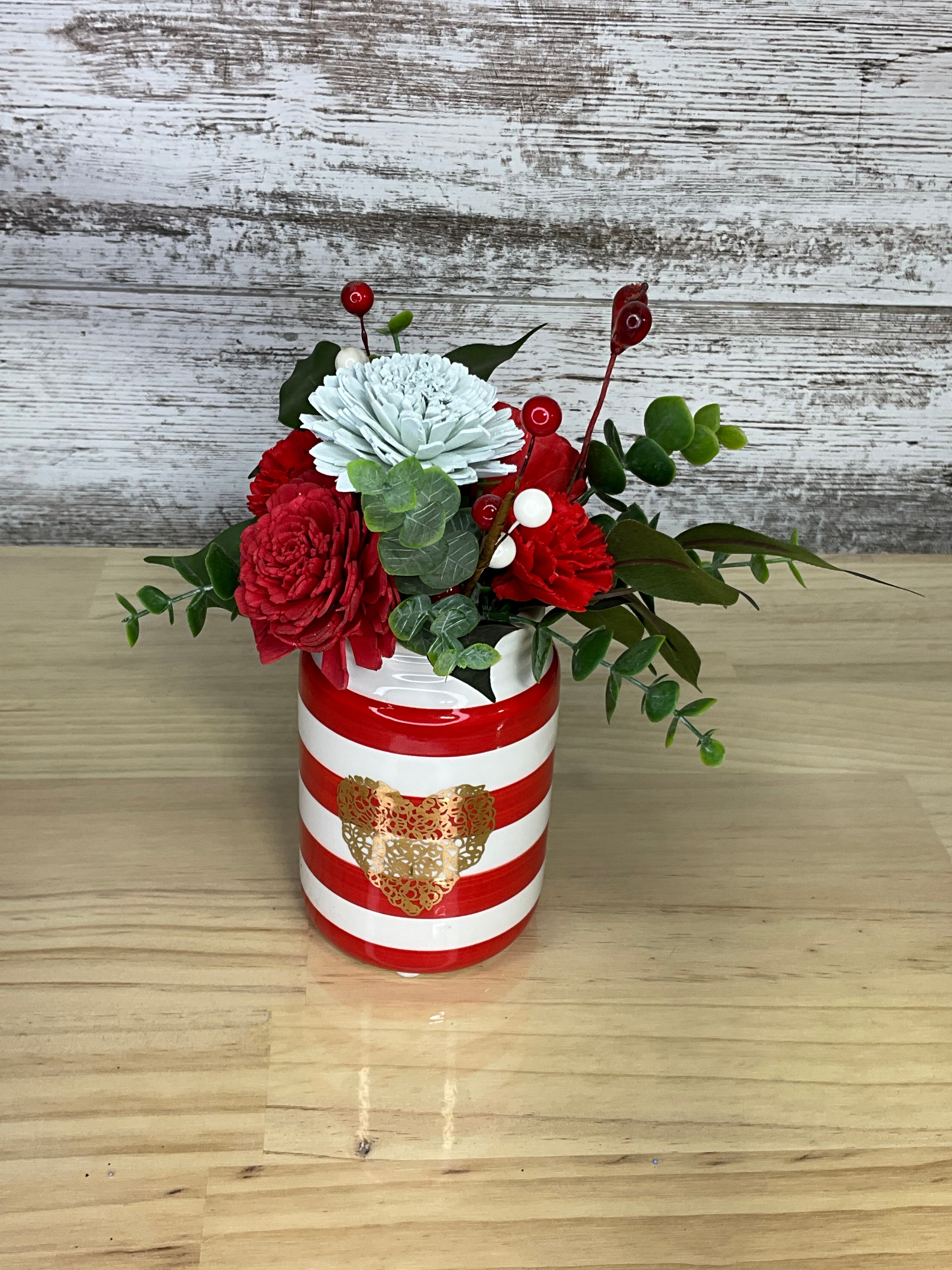 Candy Stripe Vase Sola Wood Flower Arrangement – Red, White & Ice Blue