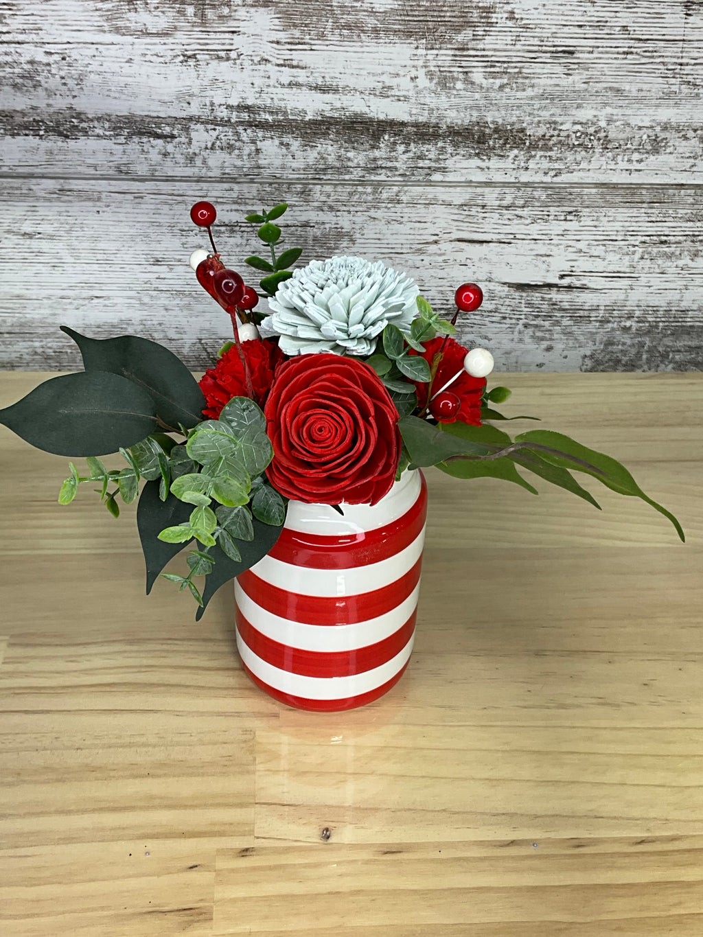 Candy Stripe Vase Sola Wood Flower Arrangement – Red, White & Ice Blue