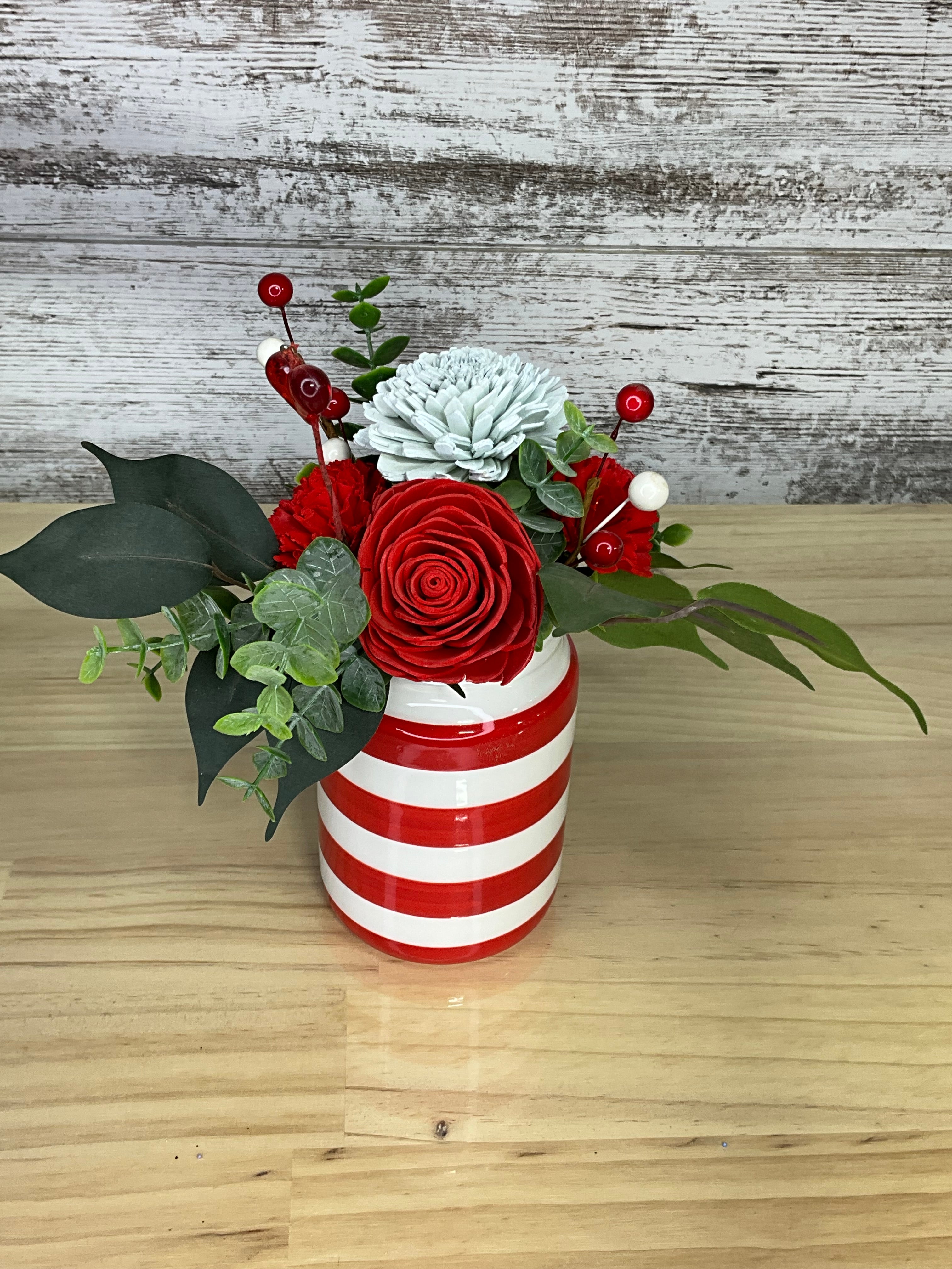Candy Stripe Vase Sola Wood Flower Arrangement – Red, White & Ice Blue