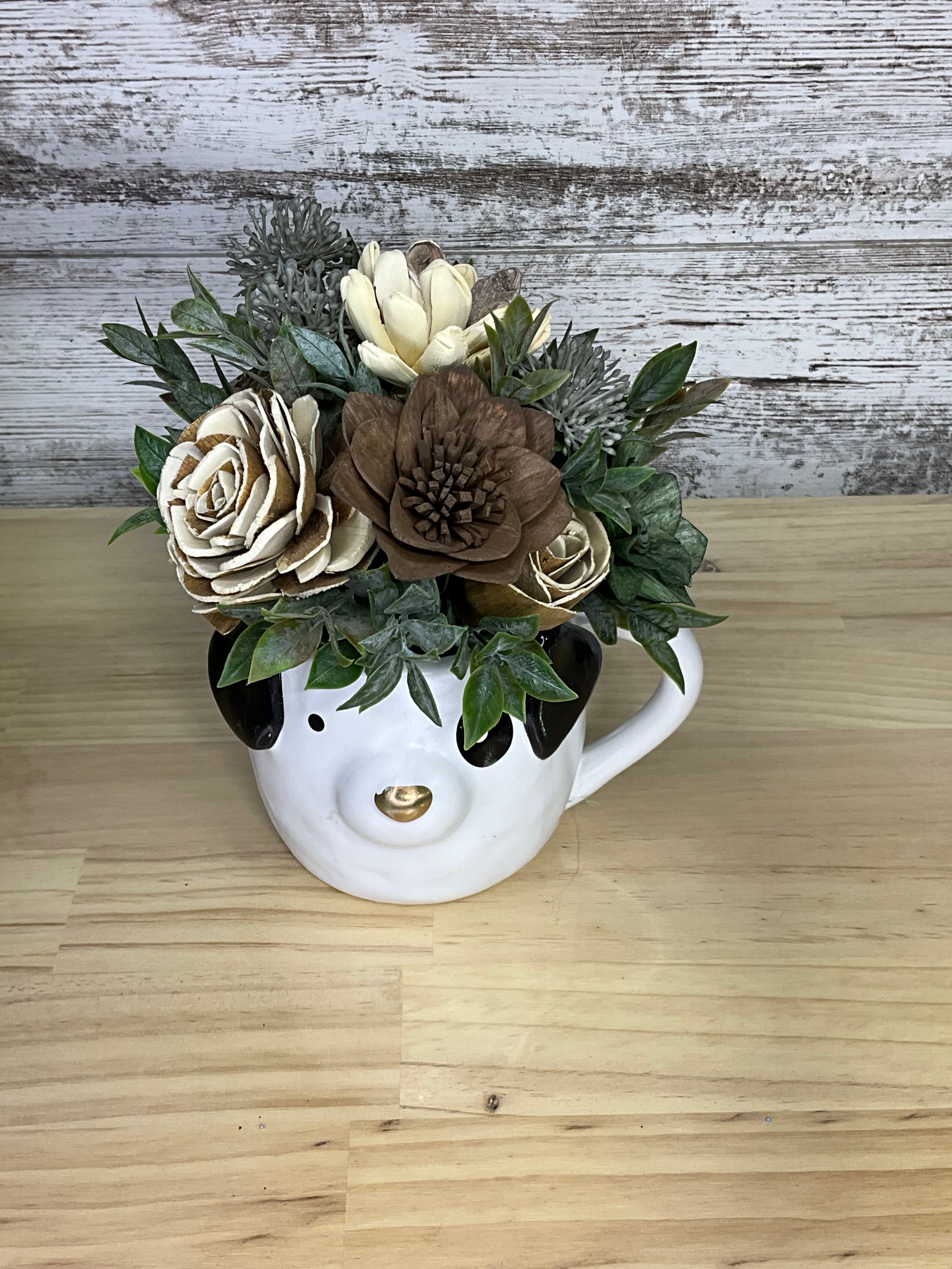 Dog Mug Sola Wood Flower Arrangement – Natural, Mocha & Terracotta