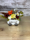 "Hello Fall" Sola Wood Flower Arrangement in White Pumpkin Wagon