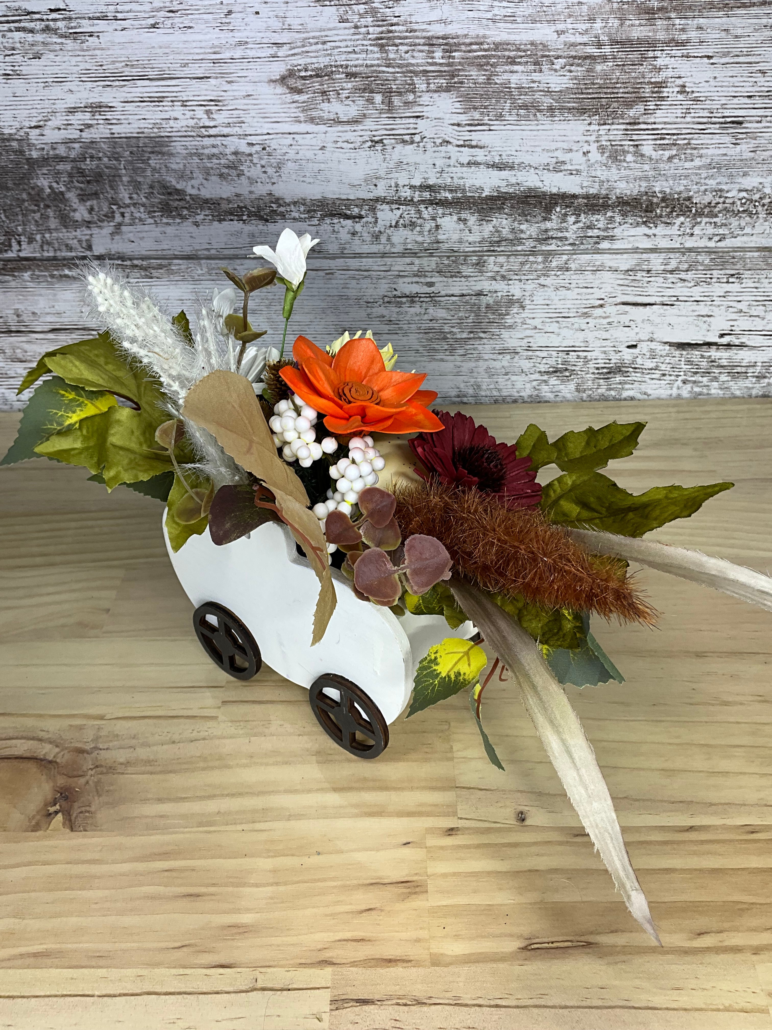 "Hello Fall" Sola Wood Flower Arrangement in White Pumpkin Wagon
