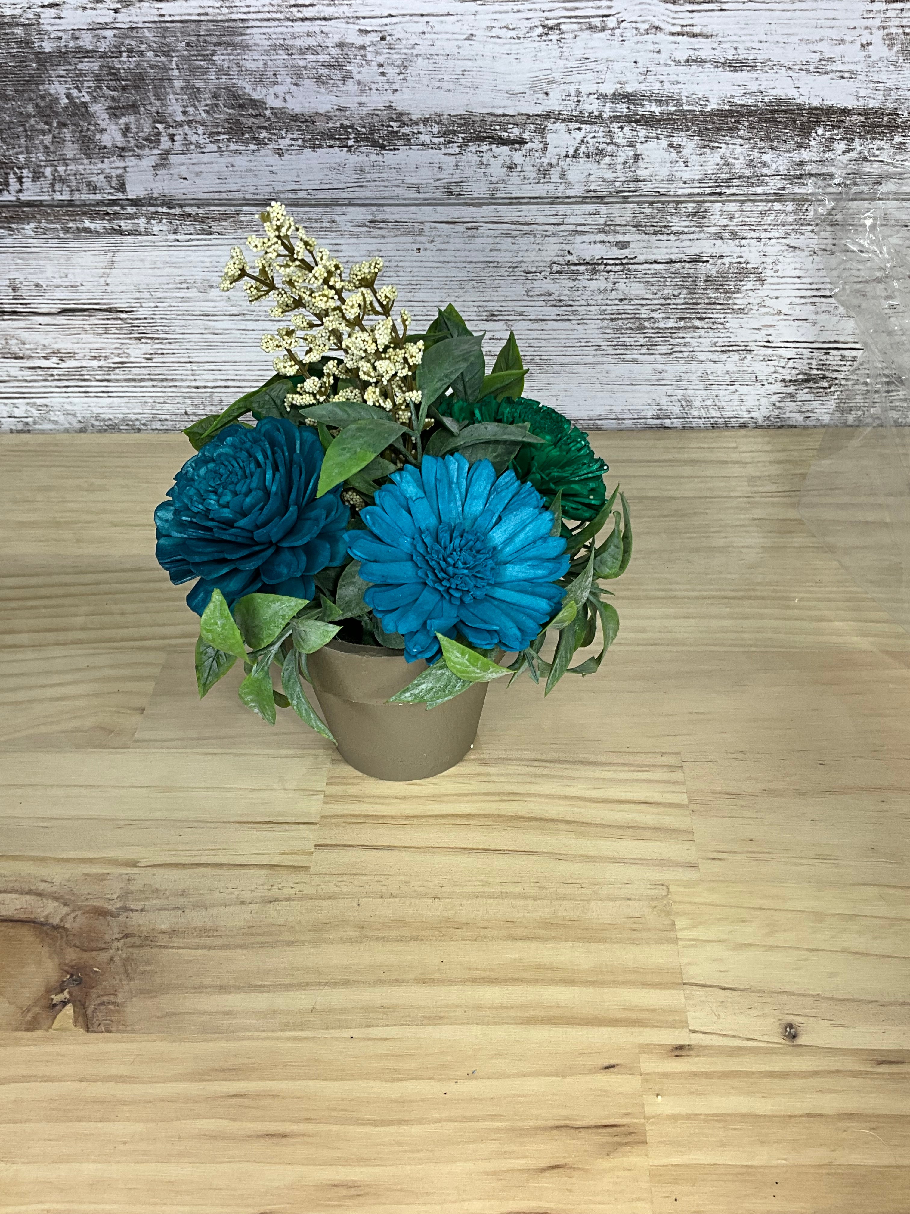 Ocean Blue, Teal & Emerald Sola Wood Flower Arrangement in Neutral Ceramic Pot