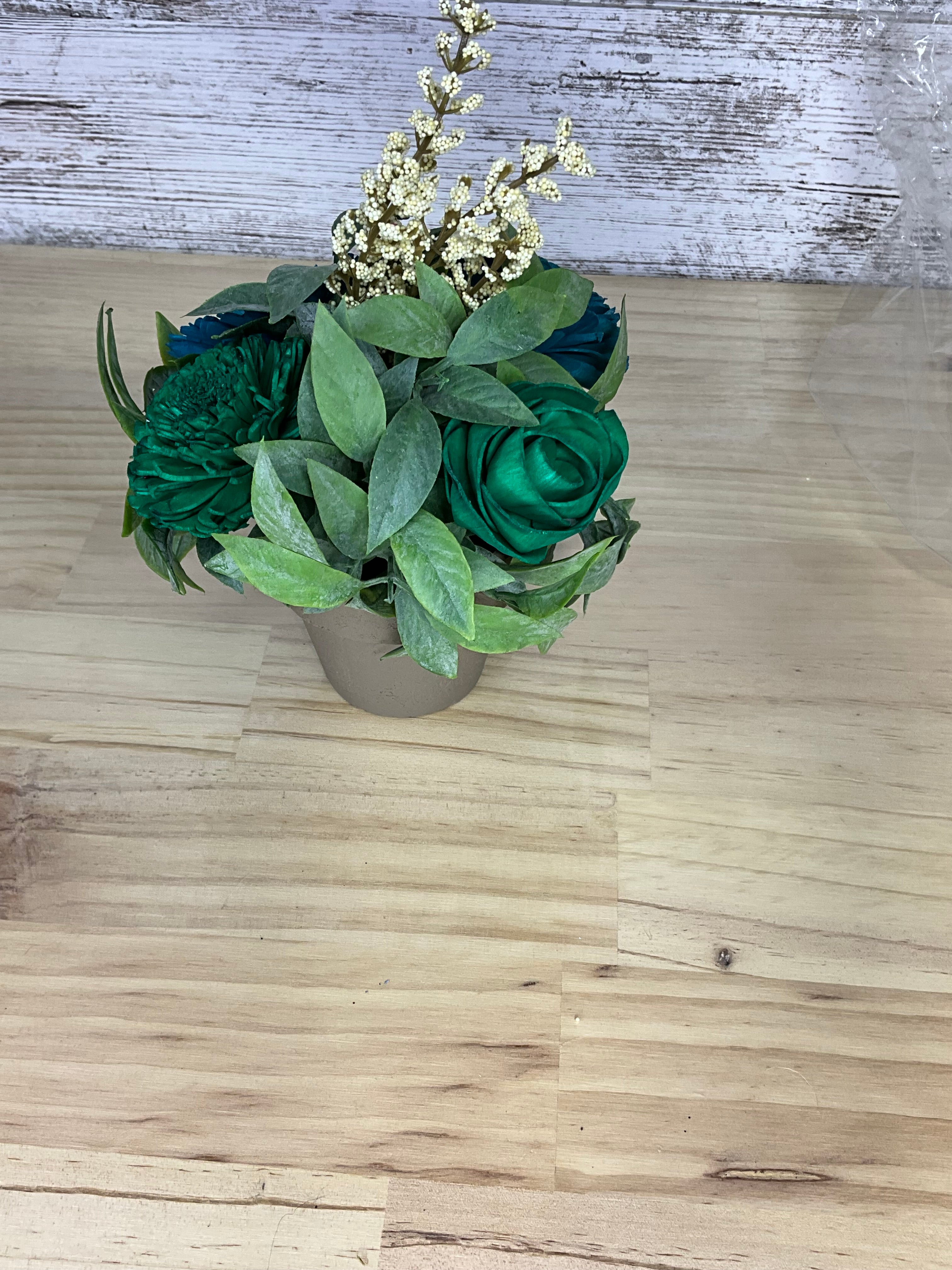 Ocean Blue, Teal & Emerald Sola Wood Flower Arrangement in Neutral Ceramic Pot