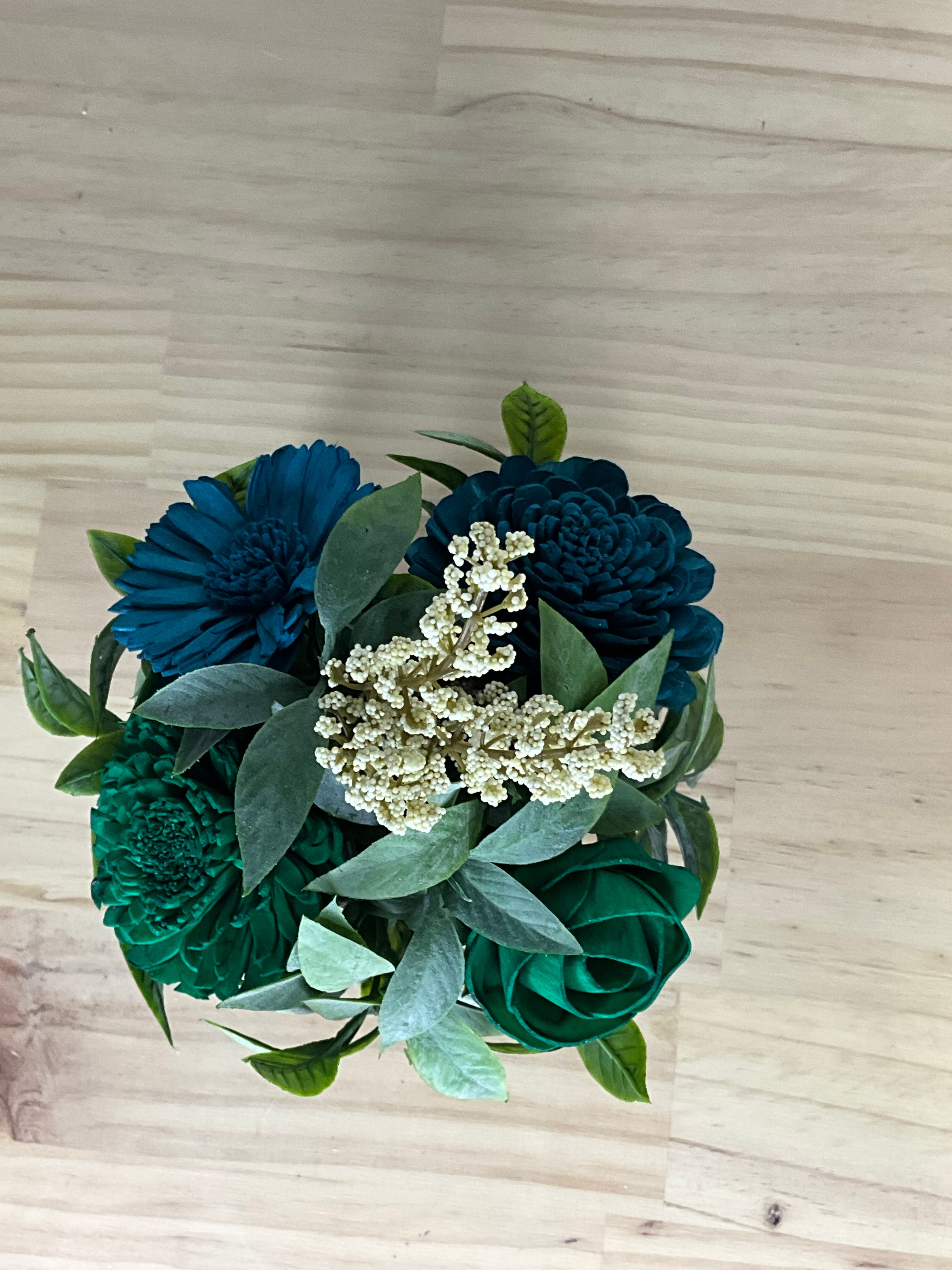 Ocean Blue, Teal & Emerald Sola Wood Flower Arrangement in Neutral Ceramic Pot